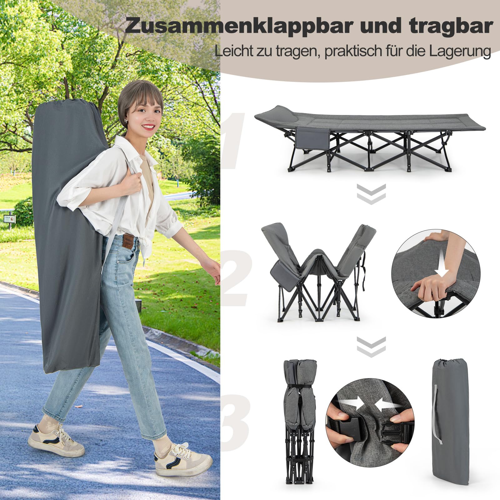 GOPLUS Łóżko kempingowe, polowe z metalową ramą i 10 punktami podparcia, obciążenie do 200 kg, tkanina Oxford i lnu, skladane łóżko turystyczne z torbą do przenoszenia