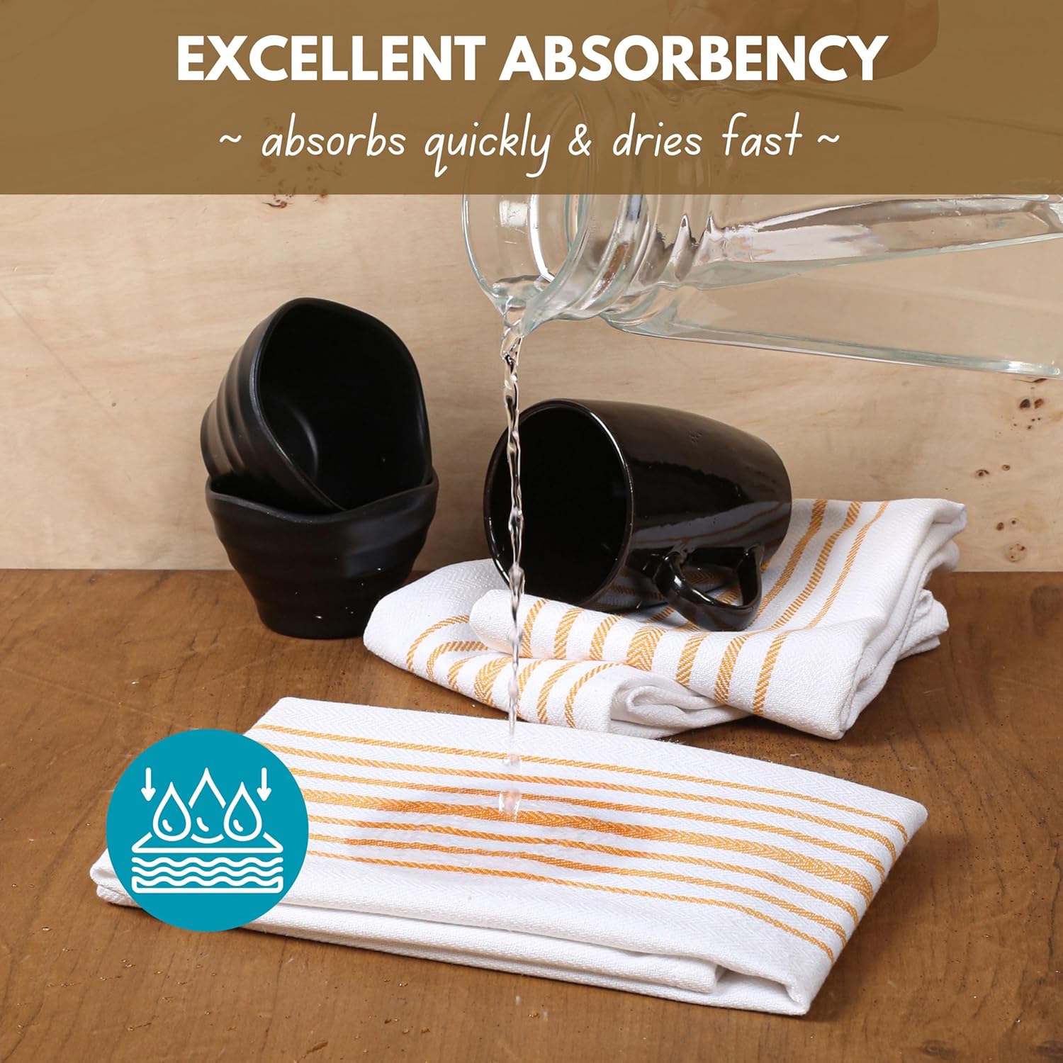 Native Fab Kitchen Dish Towels 16x26 inches Set of 12 Herringbone Weave - Scandia Striped 100% Cotton Dish Cloths for Washing Dishes, Absorbent Hand Towels with Hanger - Yellow White - Image 2