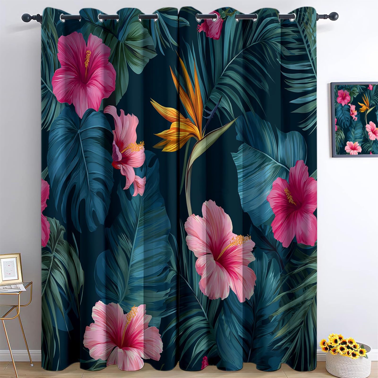 Zielone Termiczne zasłony zaciemniające 234 x 229 cm Liście Tropikalne Krajobrazy Kwiaty - Izolowane zasłony odporne na zimno i ciepło, gruba tkanina, idealne do salonu, sypialni lub biura