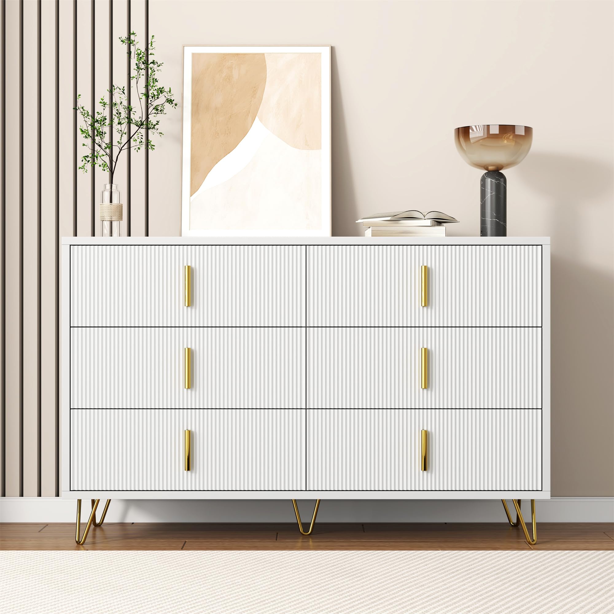 Elegante credenza dal design moderno, cassettiera e molto spazio, maniglie dorate (bianco+oro)