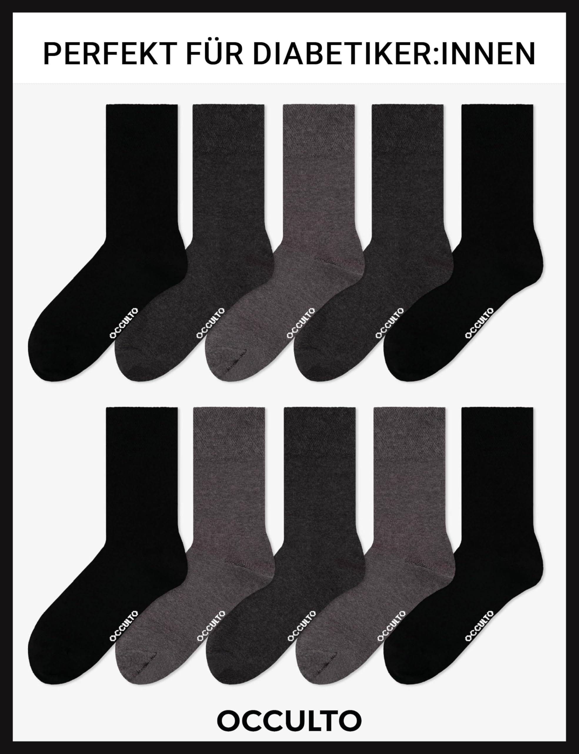 Occulto 10 Paar Diabetikersocken für Herren & Damen ohne Naht ohne Gummibund aus Baumwolle