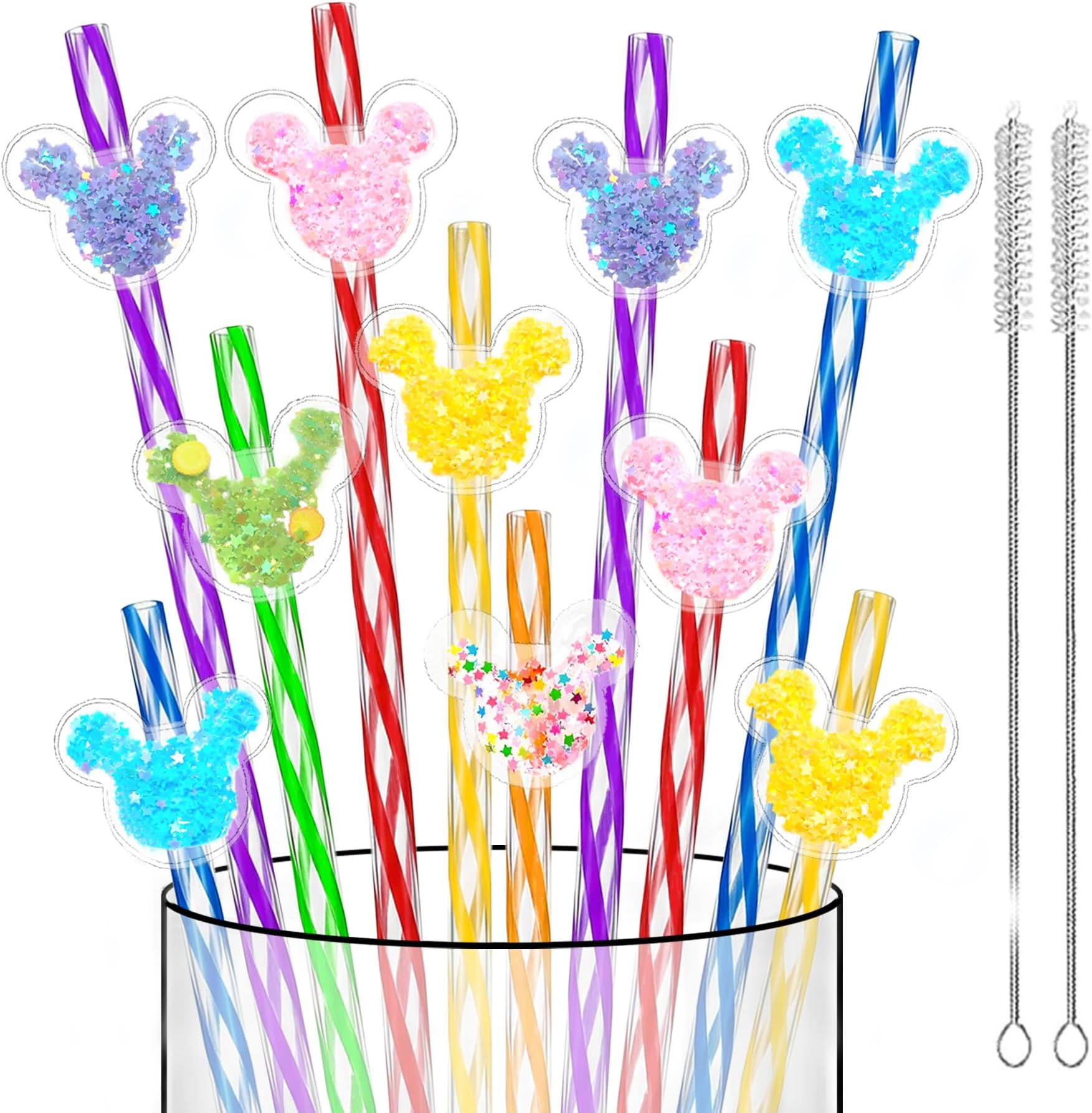 24 Reusable Sparkle Mouse Ear Plastic Drinking Straws for Oh Toodles Birthday Party Decorations Supplies - Dishwasher Safe Glitter Mouse Ears Cocktail Straws for Theme Oh Twodles Party Favors Decor