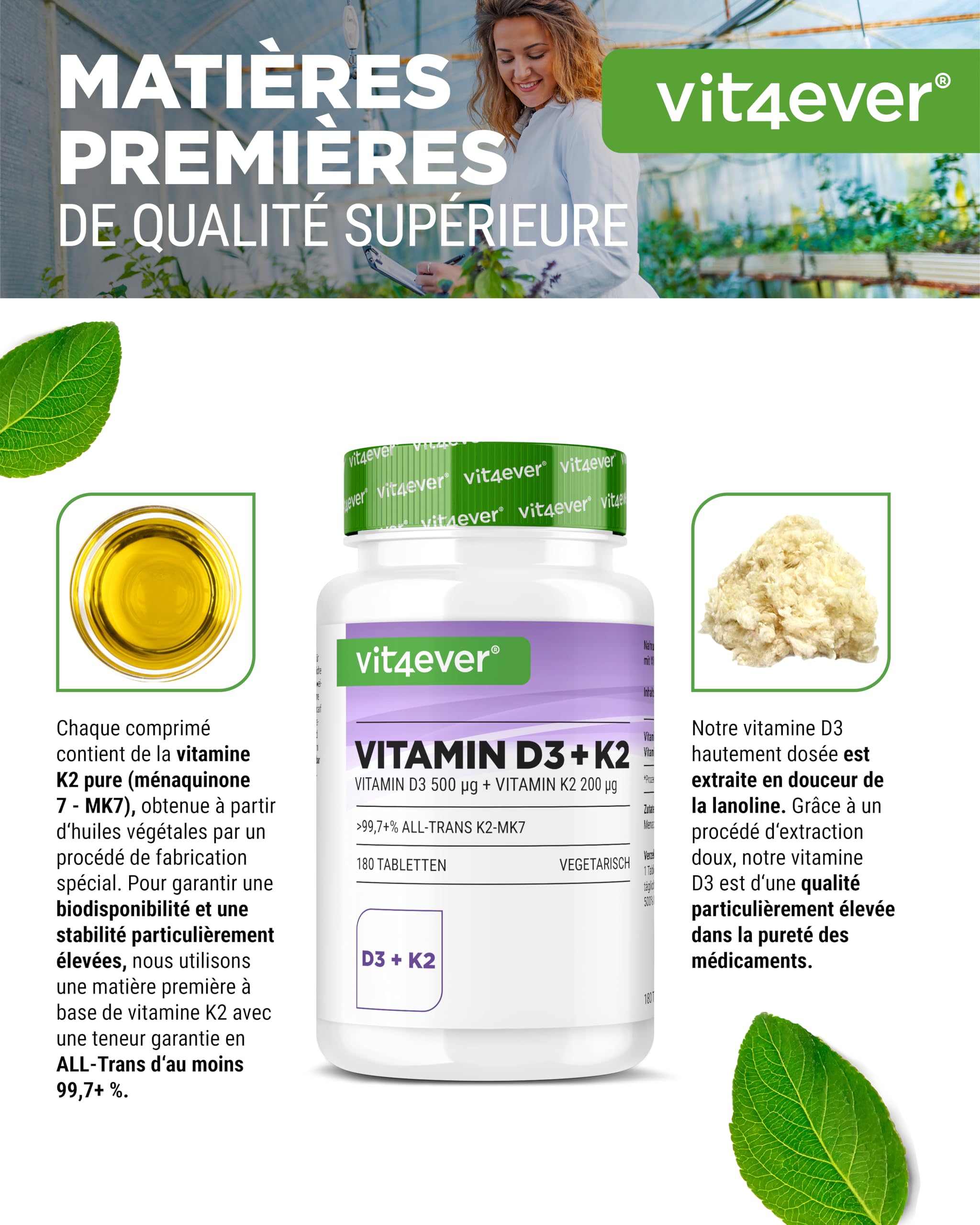 Vitamine D3 + K2 MK-7-180 Comprimés - 20.000 U.I. (500µg) Vitamine D3 & 200µg K2 par Comprimé - Matière Première Premium: 99,7+% All-Trans - Haute Pureté - Forte Dose - Végétarien