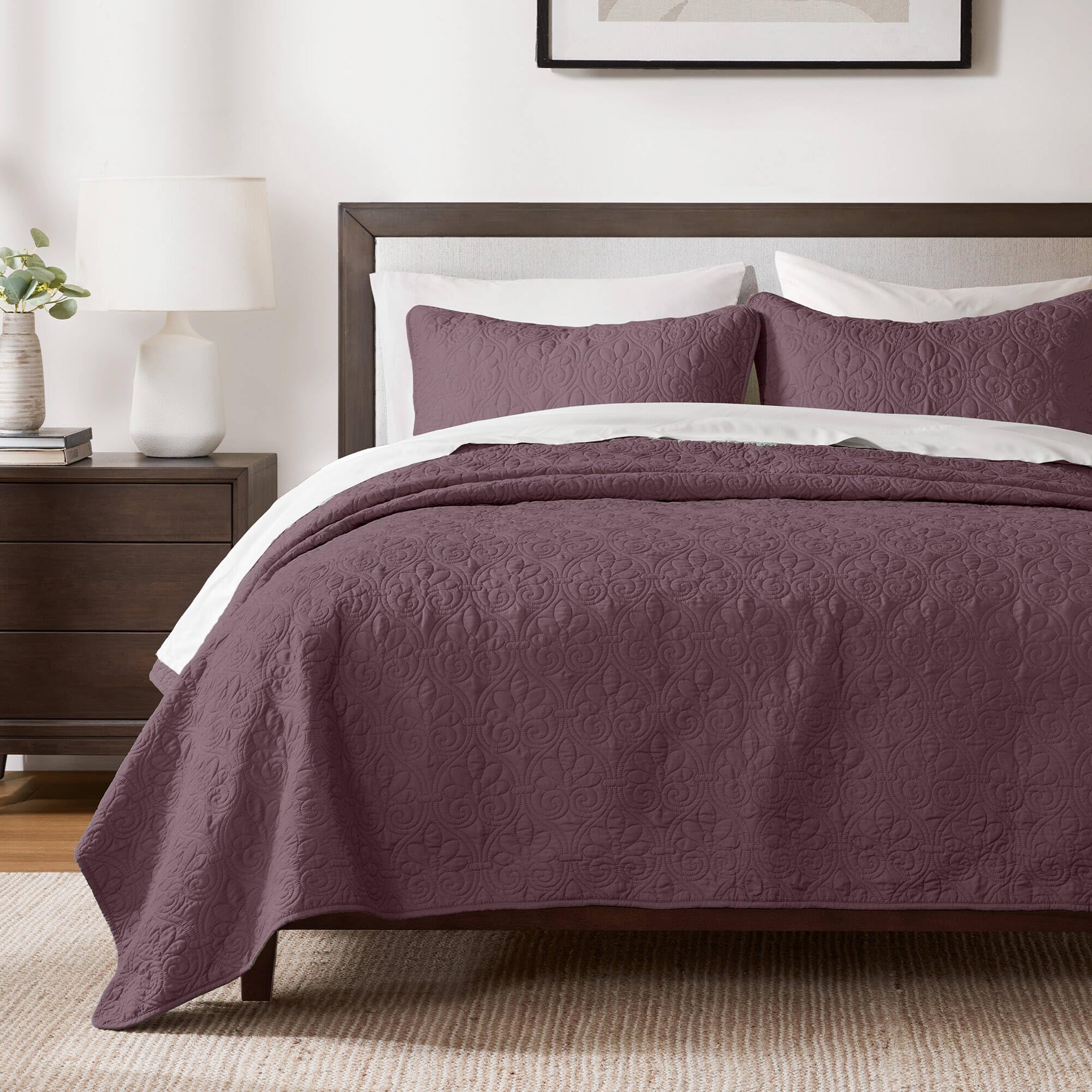 Madison Park Cotton Filled Lightweight Coverlet Bedspread Bedding, Shams, Purple, Full/Queen (90 in x 90 in)