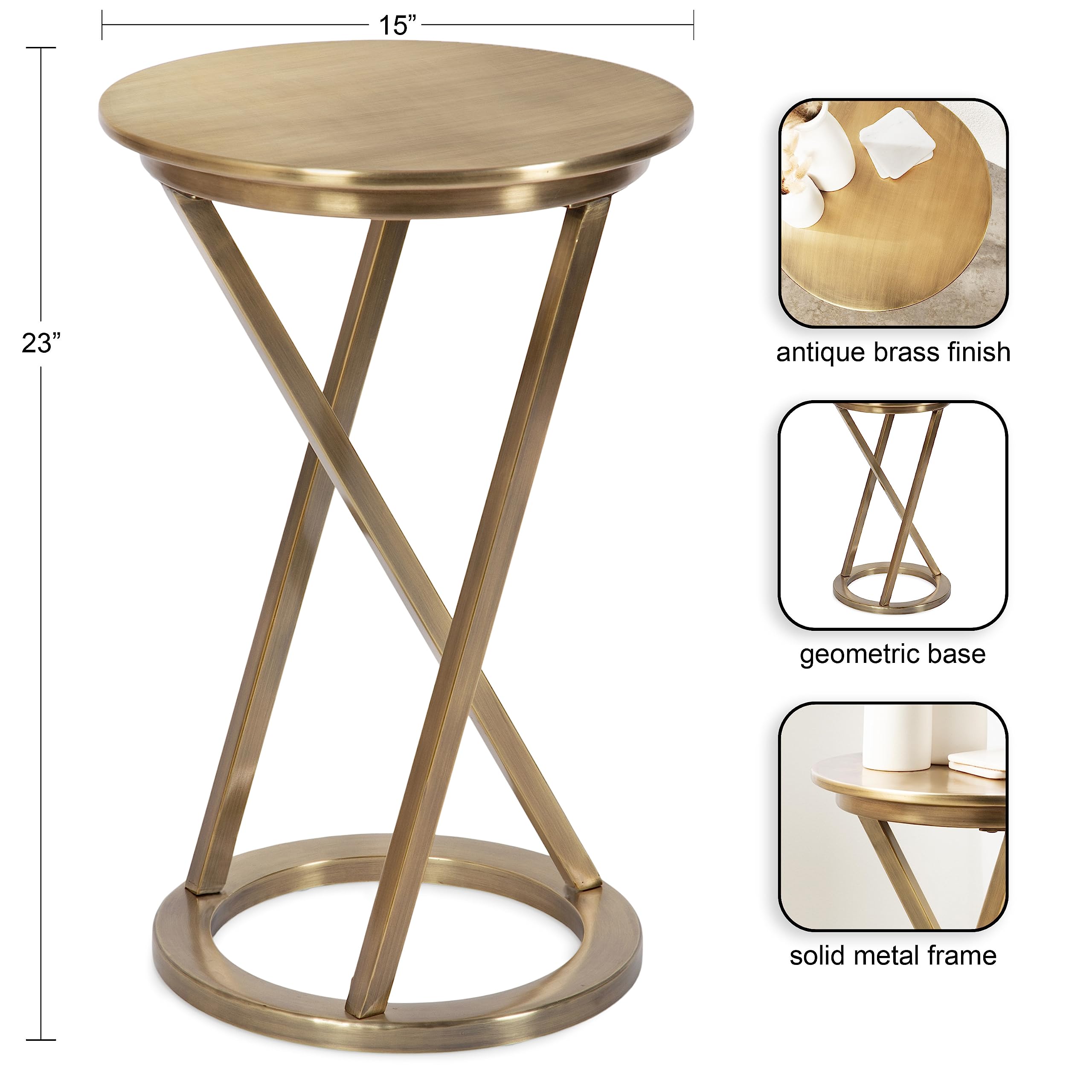 Kate and Laurel Aja Modern Metal Round Side Table; 15 x 15 x 23; Antique Brass; Decorative Geometric Nightstand with Circular Tabletop and Unique Slanted Legs