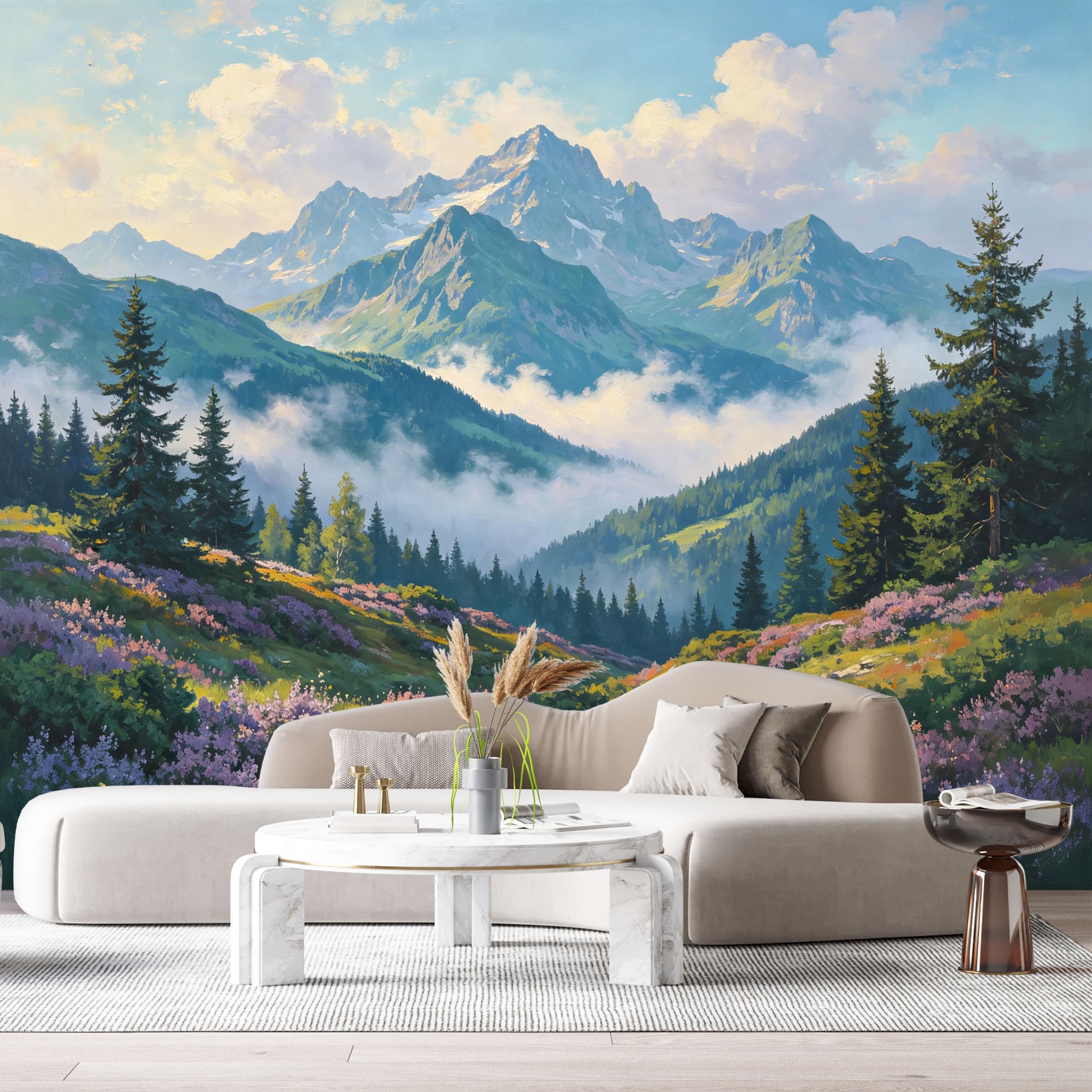 Custom Size Wall Murals Mountain Lake Landscape Oil Painting Alpine Peaks Evergreen Conifers SelfAdhesive Wall Fabric Removable Large Wallpaper Photo for Living Room