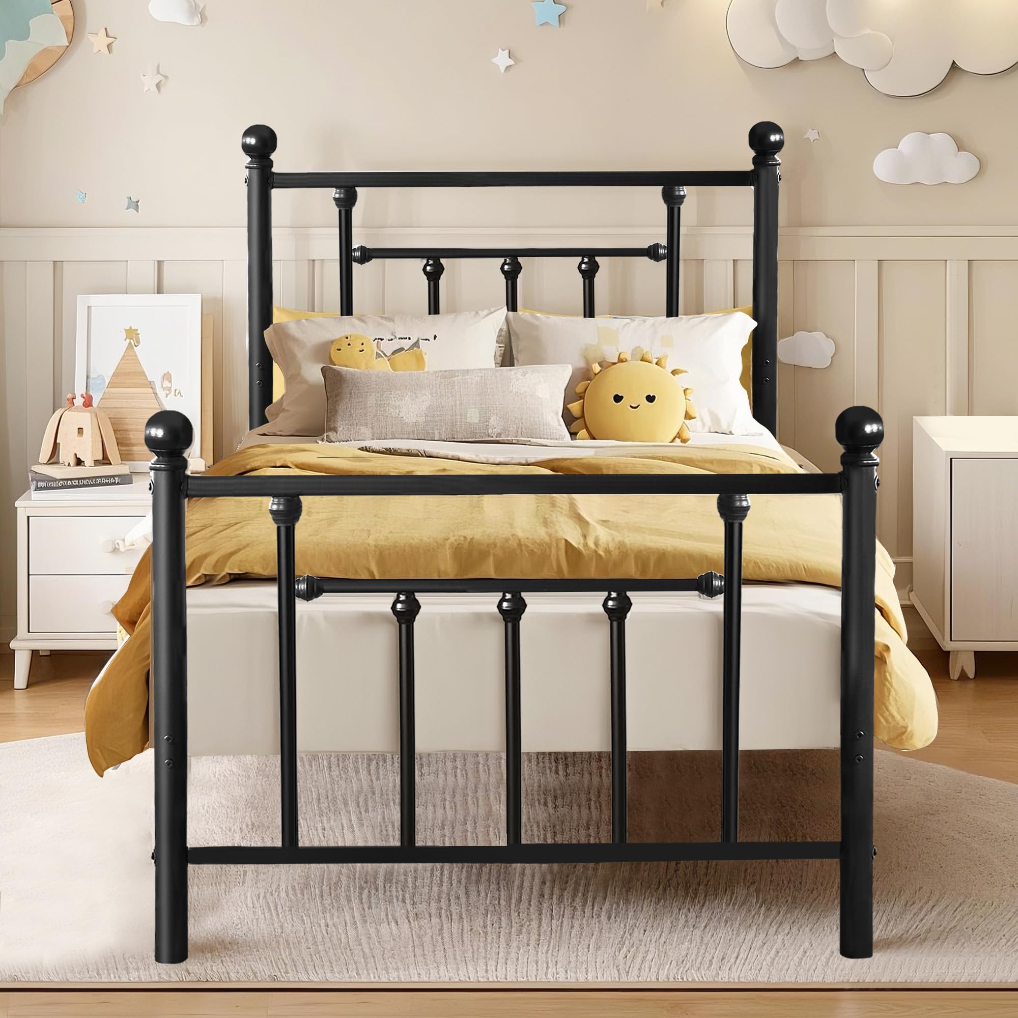 VECELO Einzelbett Metallbett 90x200 cm, Bettgestell mit Metall-Lattenrost und 110 cm hohem Kopfteil, bis 180 kg belastbar, geräuscharm, 32 cm Bodenfreiheit, einfache Montage, Schwarz