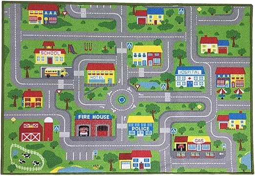 City Street Map Kids' Rug with Roads Kids Rug Play mat with School Hospital Station Bank Hotel Book Store Government Workshop Farm for Boy Girl Nursery Bedroom Playroom Classroom (39" X 51")