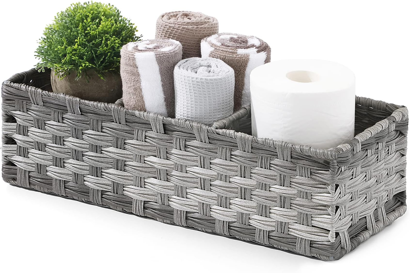 AOZITA [Larger Compartments] Toilet Tank Topper Paper Basket - Tank Tray Split Hand-Woven Basket - Small Baskets for Organizing, Rustic Farmhouse Bathroom Decor, Storage Bin, Counter Organizer, Gray