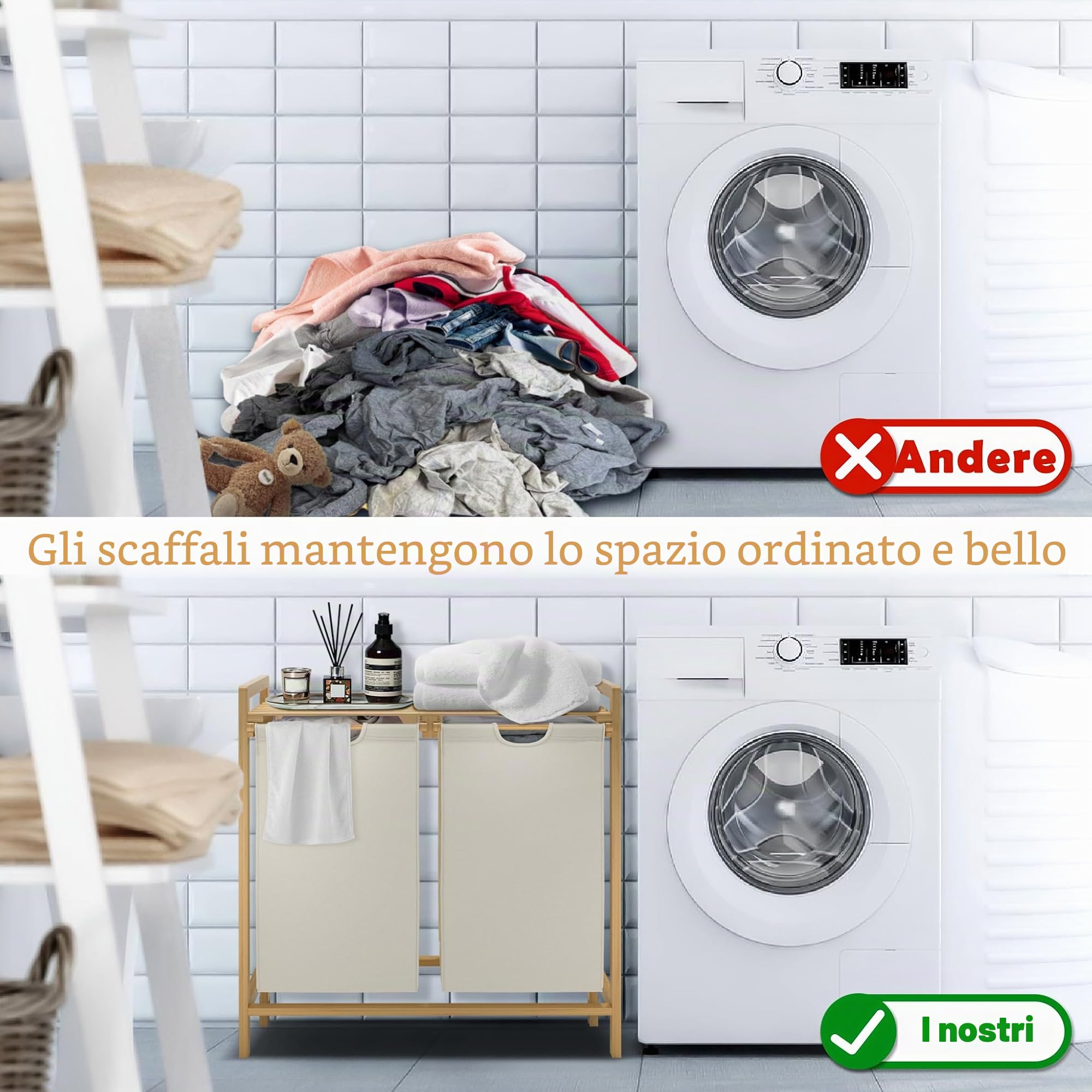 2 scomparti Cestino per biancheria in bambù, organizer per biancheria con ripiani, contenitore per biancheria 36L, 2 pezzi, sistema di ordinamento biancheria, scatola per biancheria, 73 x