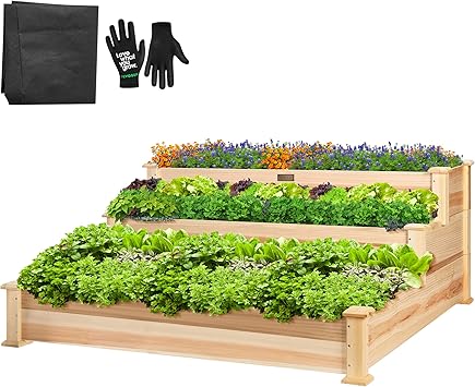 VIVOSUN 3-Tier Wooden Raised Garden Bed, 48 x 48 x 21 Inches, Outdoor Wood Planter Kit for Plants, Herbs, and Vegetables for Garden, Patio, Balcony, Backyard and Outdoors