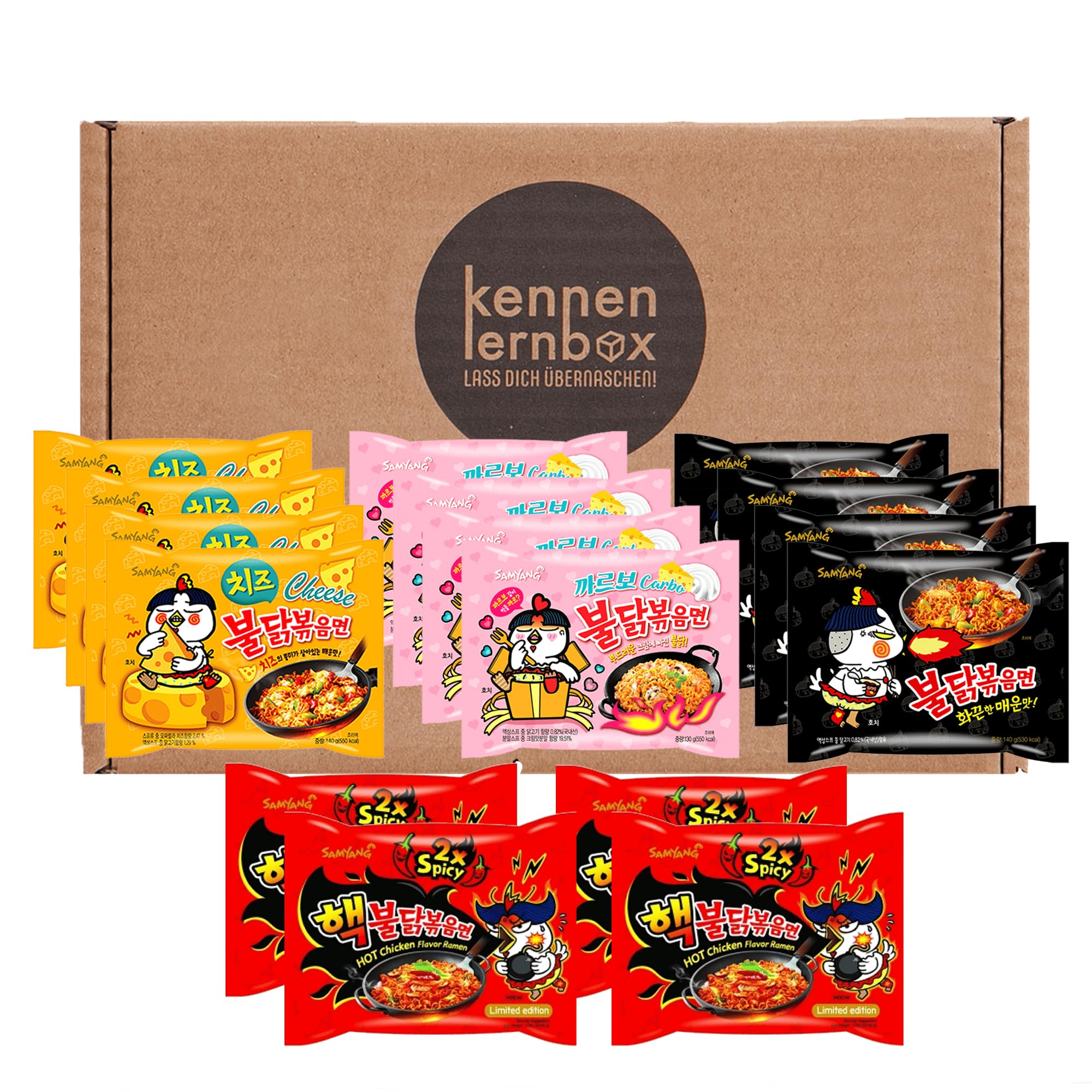 Kennenlernbox 16er Instant Nudeln Set | Koreanische Hot Chicken Ramen 16er Mix zum Probieren (Kompatibel mit Samyang)