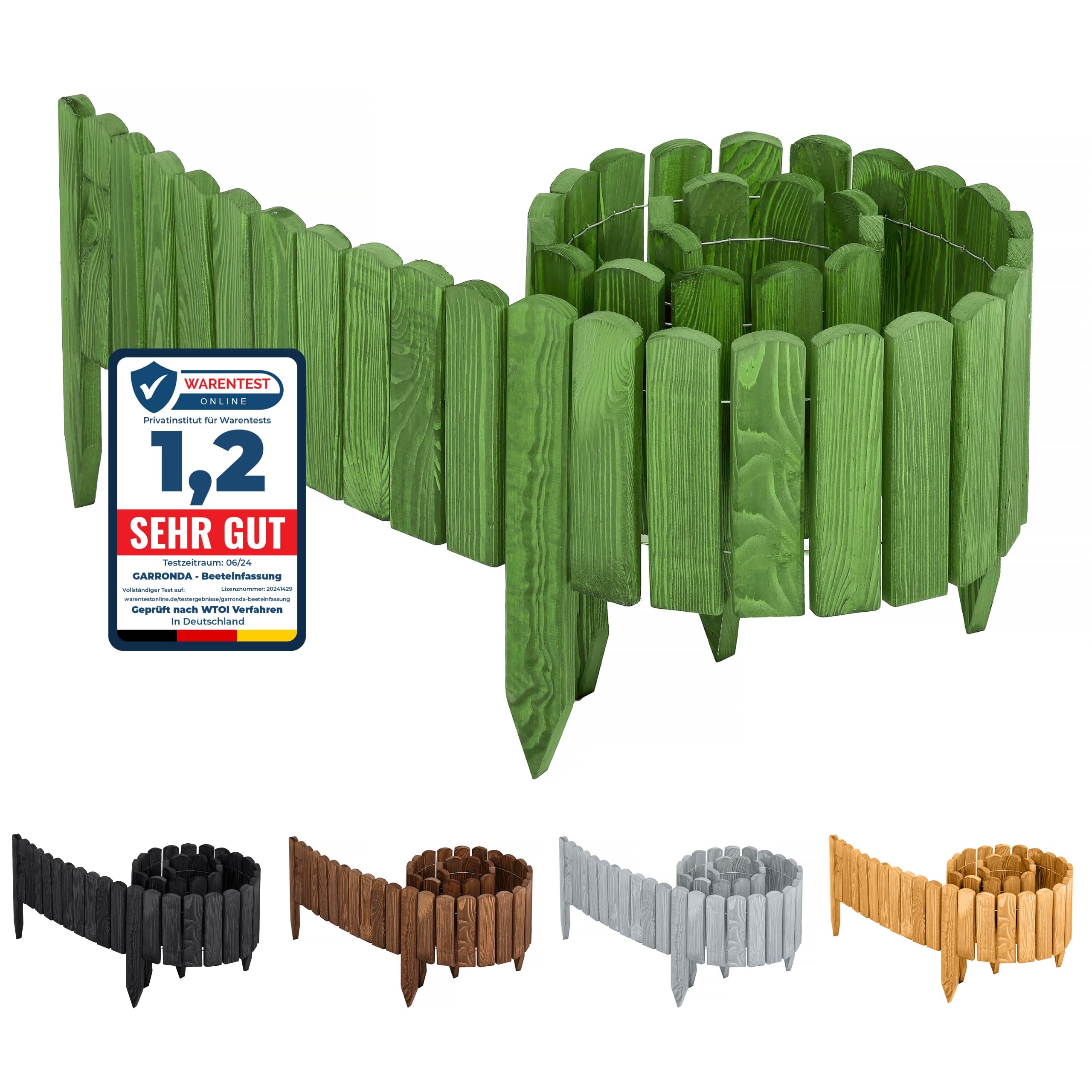 Garronda Rasenkante Beeteinfassung aus Holz flexibel 200 x 10 cm Rollborder für Rasen und Beet Beetumrandung und Beetbegrenzung Gartenzaun zum Stecken Holzzaun GD-0046 (Dunkelgrün)