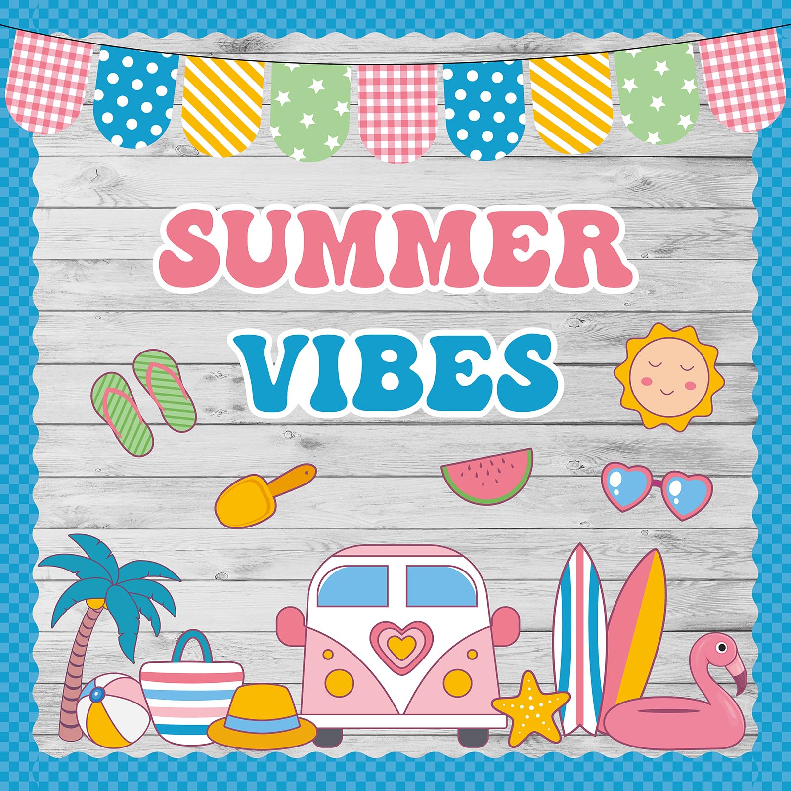 QOUBAI Hello Summer Bulletin Board Set Beach Theme Classroom Bulletin Board Decorations Surfing Tropical Palm Cutouts for Back to School Bus Teacher