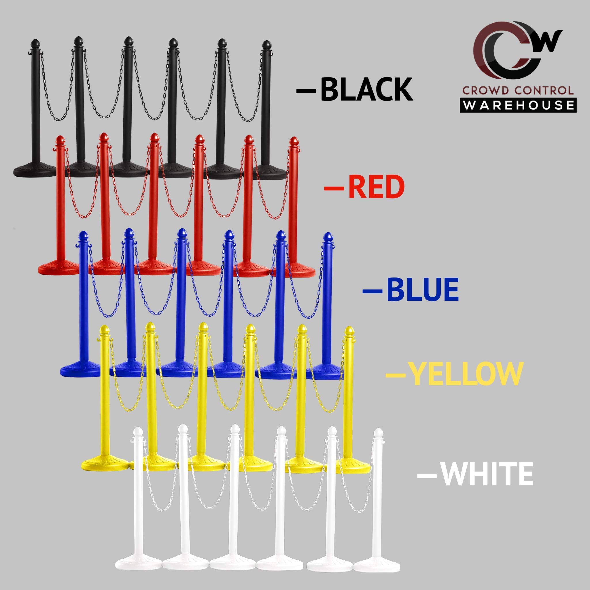 CCW - Soporte de plástico amarillo de 2,5 pulgadas de diámetro con cadena de 50 pies, paquete de 6, barreras de control de multitudes