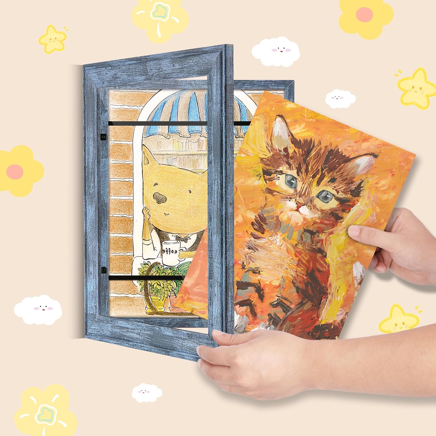 Kids Artwork Frames Changeable, [3Pack] [Solid Wood] Kids Art Frame, 9x12" Front Opening Artwork Display Storage Frame for Wall, Holds 150Pcs, for 3D Art, Crafts, Children Drawings, Hanging Art, Blue