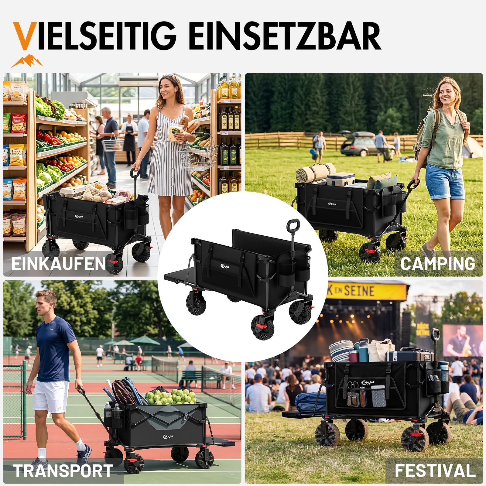 Portal Bollerwagen faltbar 400L XXL Große Ladefläche 210kg belastbar Handwagen mit Faltbarer Heckklappe Transportwagen Leiterwagen klappbar Strandwagen Faltwagen für Garten Camping Festival