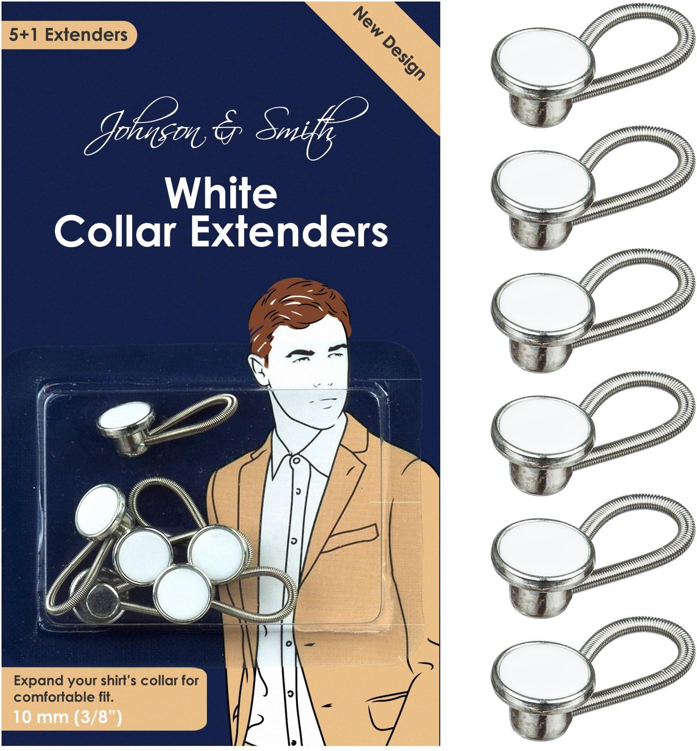 Johnson & Smith White Metal Collar Extenders Stretch Neck Extender for 1/2 Size Expansion of Men Dress Shirts, 5 +1 Pack, 3/8"