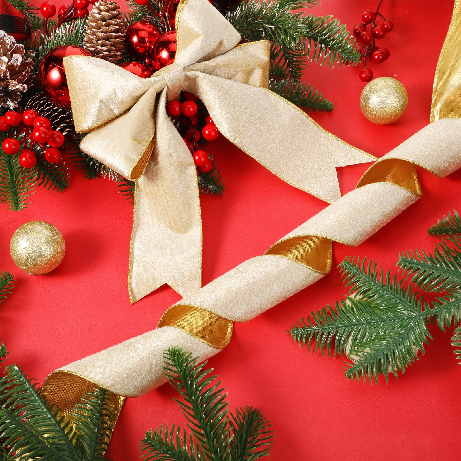 Syhood Weihnachts-Samtband mit Draht, mit Goldrand, wasserdicht, für Weihnachtskranz, Schleifen, Blumenhandwerk, Ornamente (10,2 cm x 60 m, Gold)