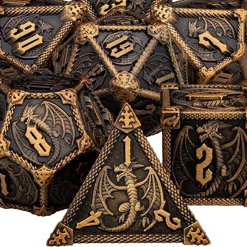 ARUOHHA Metal DND Dice Ancient Gold Dragons Dice Set with Gift Box, Compatible with D&D Role Playing Game, Dungeons Polyhedral RPG D and D Dice D20 D12 D10 D8 D6 D4 - Ancient Gold