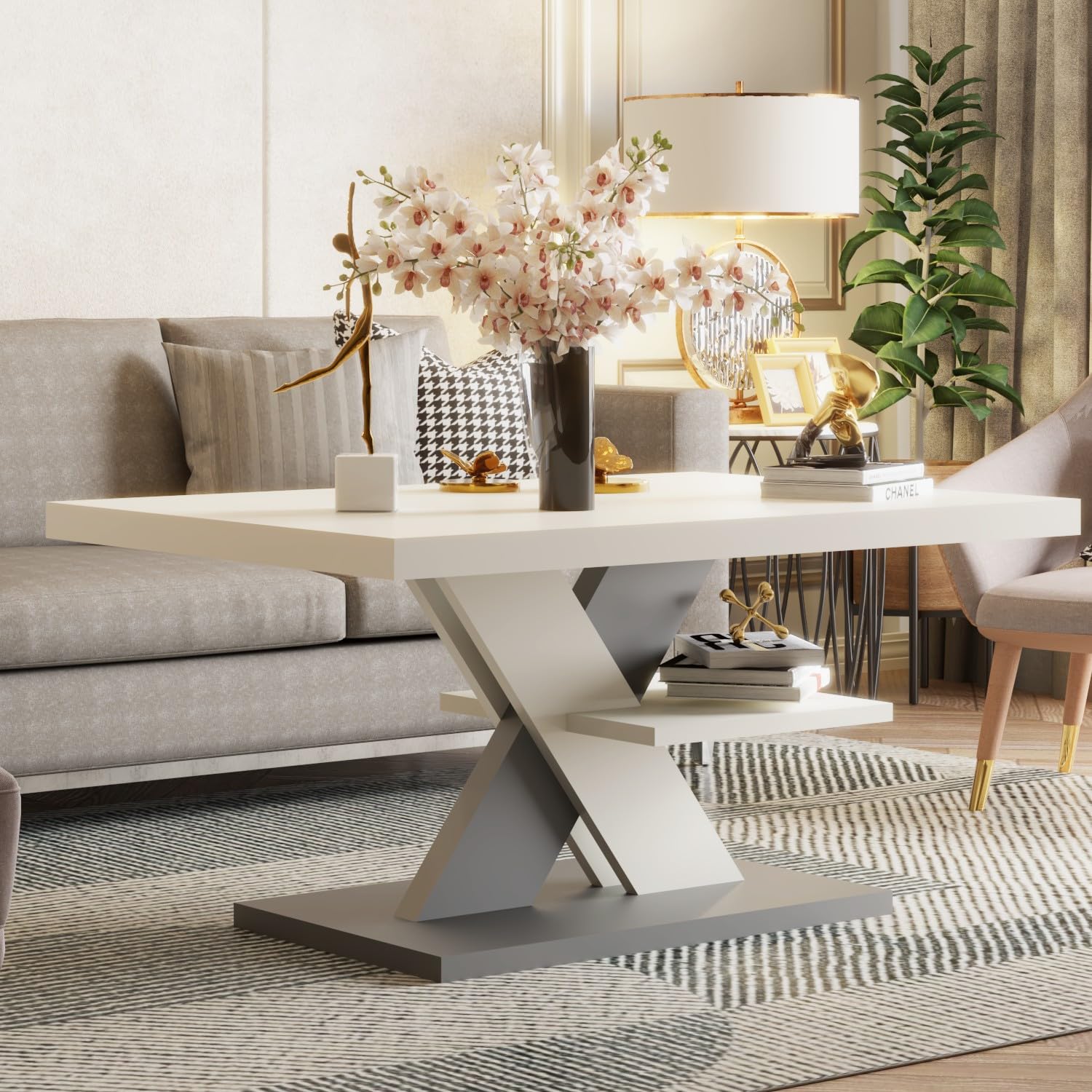 Viosimc Tavolino da Salotto Moderno Bianco e Grigio con Ripiano Tavolo Soggiorno Elegante, Complemento Arredo Contemporaneo 90x60x45 cm