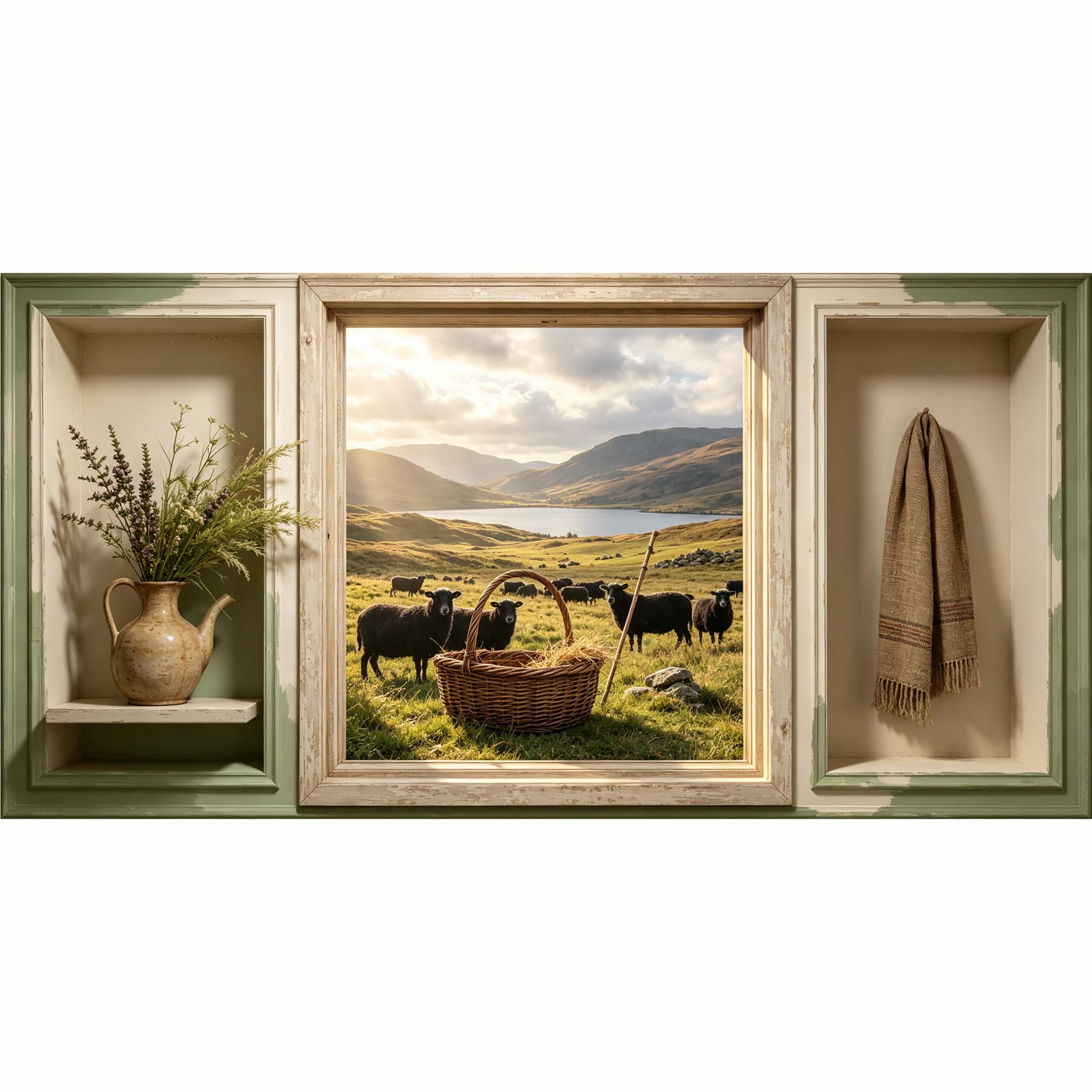 QZLITHOTIC 50x100cm 3D Framed Wall Art， Farmhouse Sheep Pasture Landscape Self‑Adhesive Mural， Water‑Activated Peel & Stick Fabric Decor Wall Decal for Bedroom Living Room
