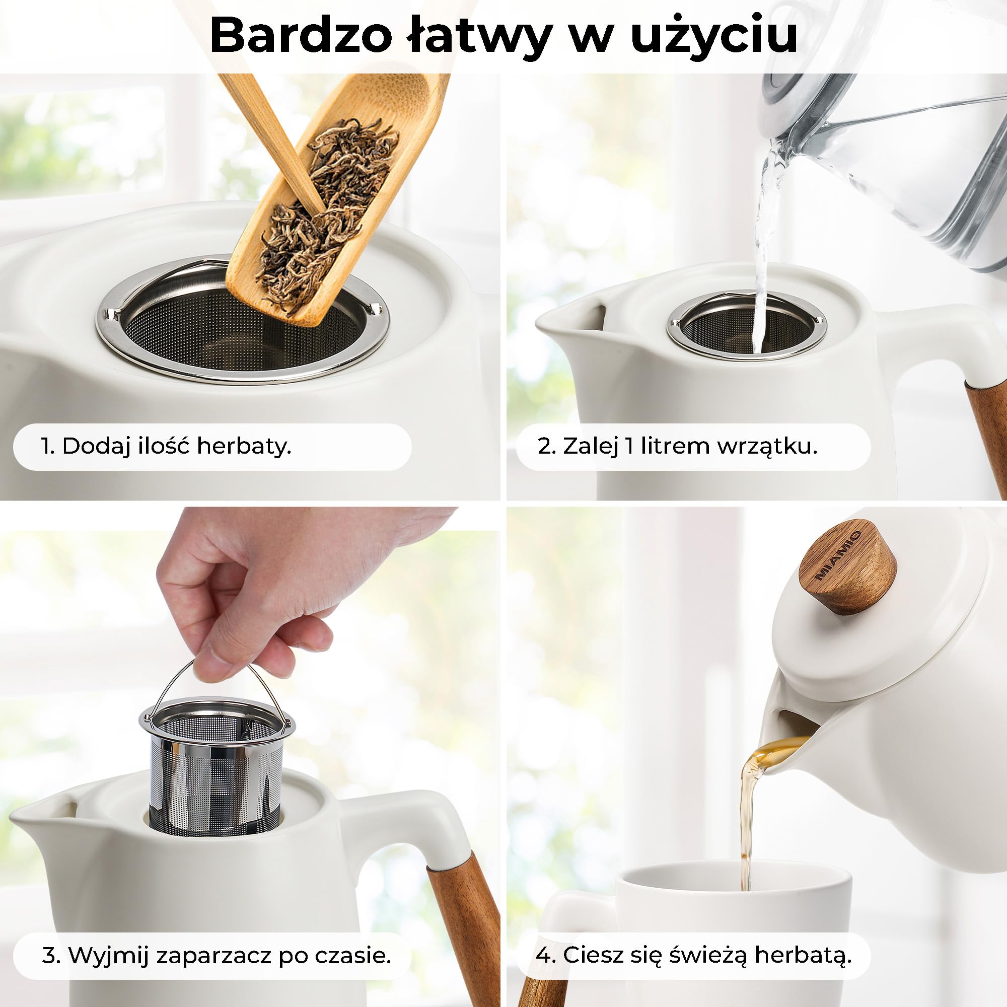 MIAMIO Zestaw Czajników z Podgrzewaczem 1L Czajnik do Herbaty 1000 ml z Zaparzaczem do Luźnych Liści Biały