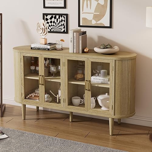 Miniatura 83 de Aparador de armario de almacenamiento curvado con 2 puertas y 2 cajones, mesa consola de entrada de madera de 55 pulgadas con puerta lateral curvada