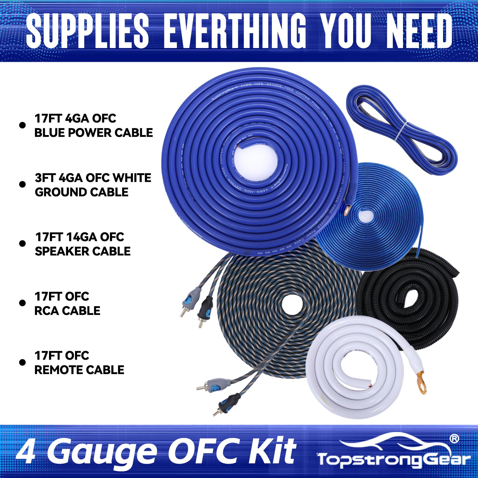 TOPSTRONGGEAR Kit amplificatore OFC da 4 gauge, kit di installazione per amplificatore audio per auto, con cavi RCA, fusibile 150 A, cavo di alimentazione da 4 m, kit di installazione completo per