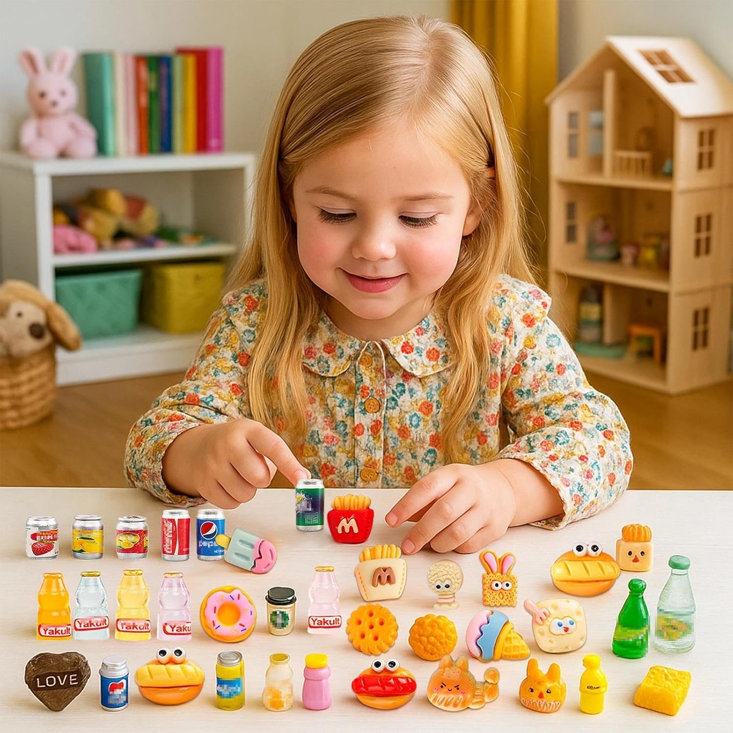 100pcs Miniature Food Drink Mini Brand Bottles Soda Pop Cans Cake Ice Cream Pretend Play Kitchen Game Party Accessories Toys for 1/12 Doll House Resin Food Figures Dollhouse Kitchen Decorations