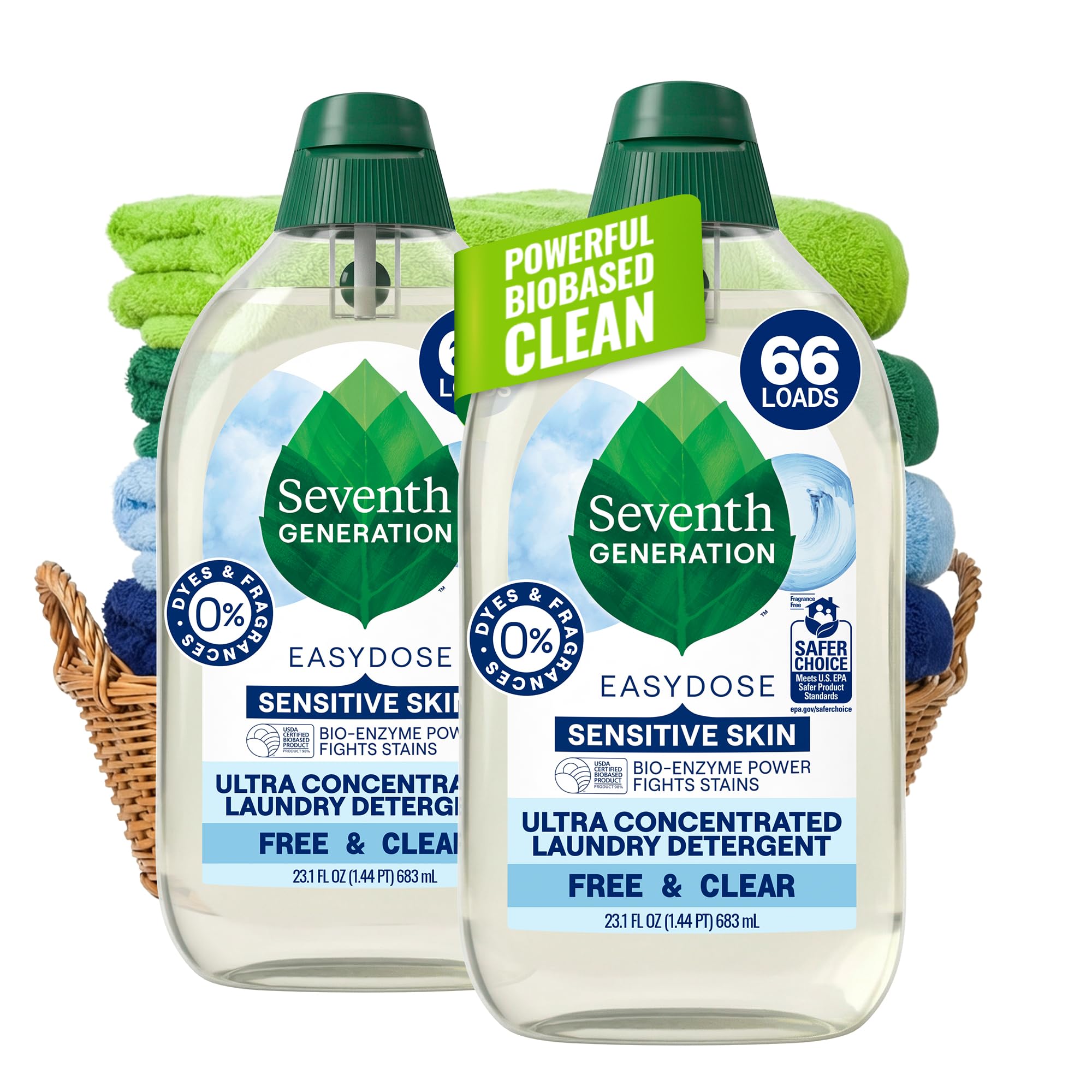 Seventh Generation Laundry Detergent, Ultra Concentrated EasyDose, Free & Clear, 23.1 Fl Oz (Pack of 2) (Packaging May Vary)