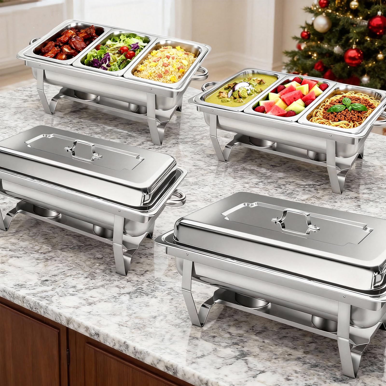 Warmhaltebehälter für Buffets, 4er-Set, 9L Fassungsvermögen, Edelstahl-Buffet-Set mit 1/3-Größen-Einsatz, Warmhalteplatten mit gerolltem Rand für Partys, Hochzeiten, Geburtstage (4 Pack)