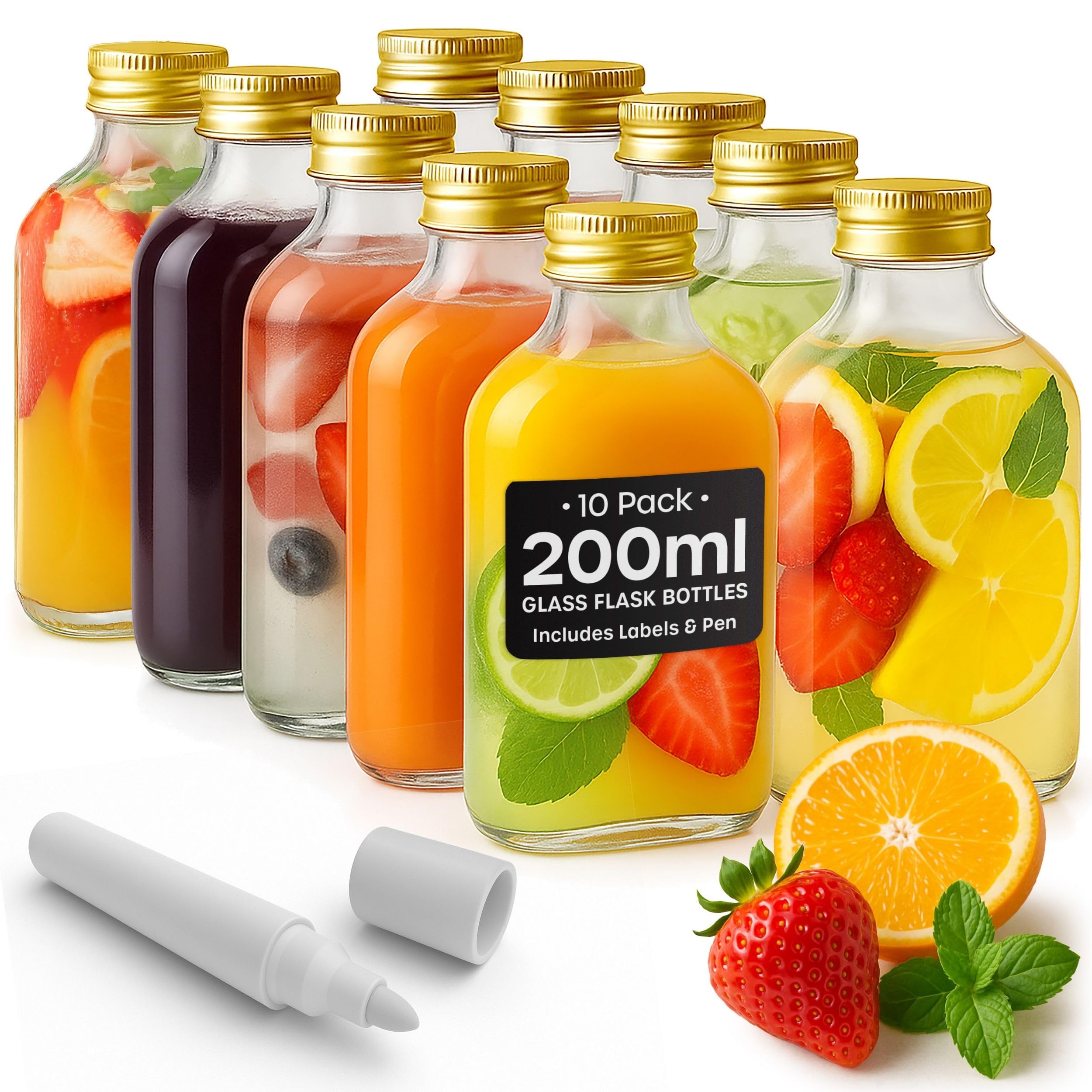 Volila Gold - 200Ml 200Ml Glass Flask Bottles With Gold Screw Caps, Labels And Pen - 10 Pack Reusable Empty Glass Bottles For Sloe Gin, Liqueur Or Homemade Vinegar
