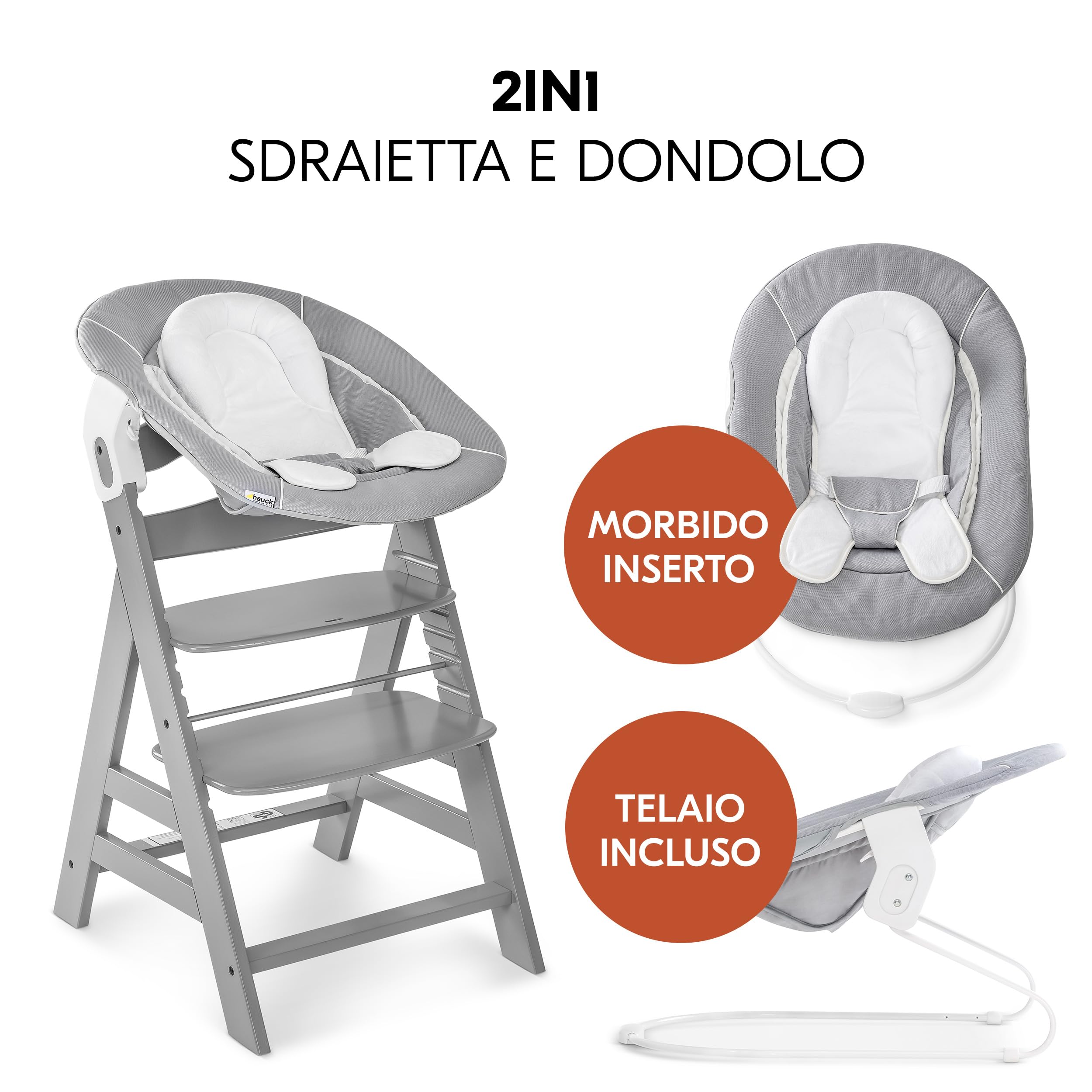hauck Seggiolone Pappa Alpha Plus Set Newborn - Sediolone Pappa Bimbi In Legno, Evolutivo con Sdraietta Neonati Dondolo 2in1 e Cuscino - Grigio