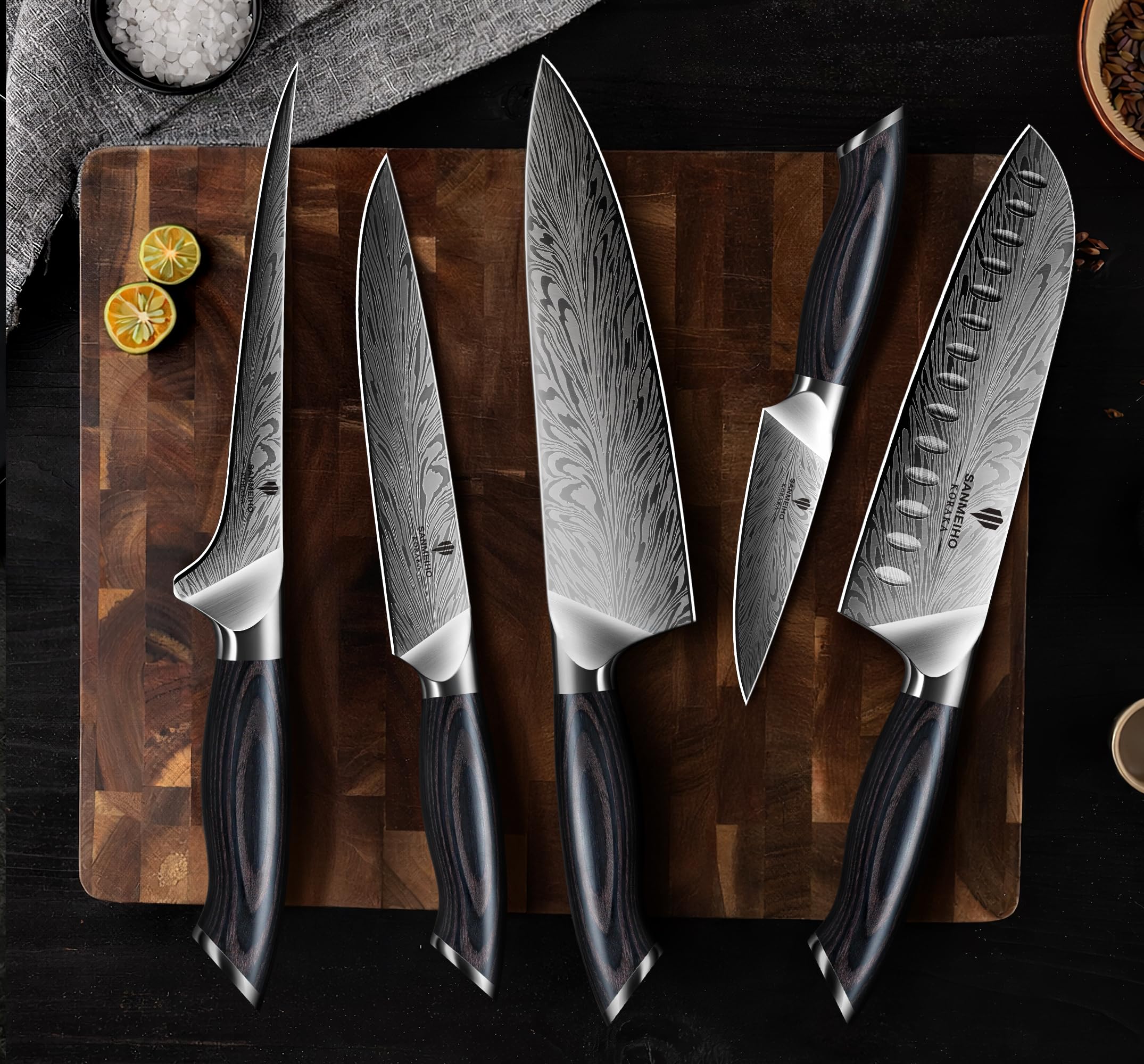 SANMEIHO Juego Cuchillos de Cocina 5 Piezas, Acero en Polvo Japones 63HRC | Set de Cuchillos de Cocina Profesional Ultra Afilados de 12 Grados, Mango de Madera Ergonomico para Carne y Verdura