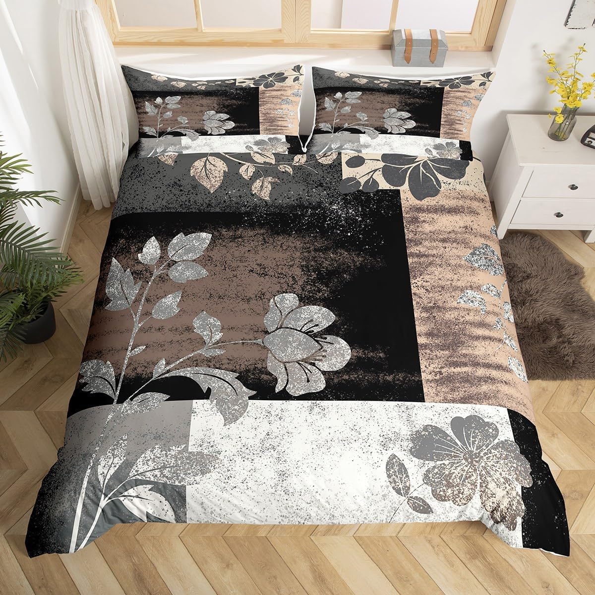 jejeloiu Black Beige Duvet Cover Twin Size Kids Abstract Art Comforter Cover Set for Boys Girls Teens Modern Floral Bedding Set Breathable Geometric Bedspread Cover Room Decor Quilt Cover