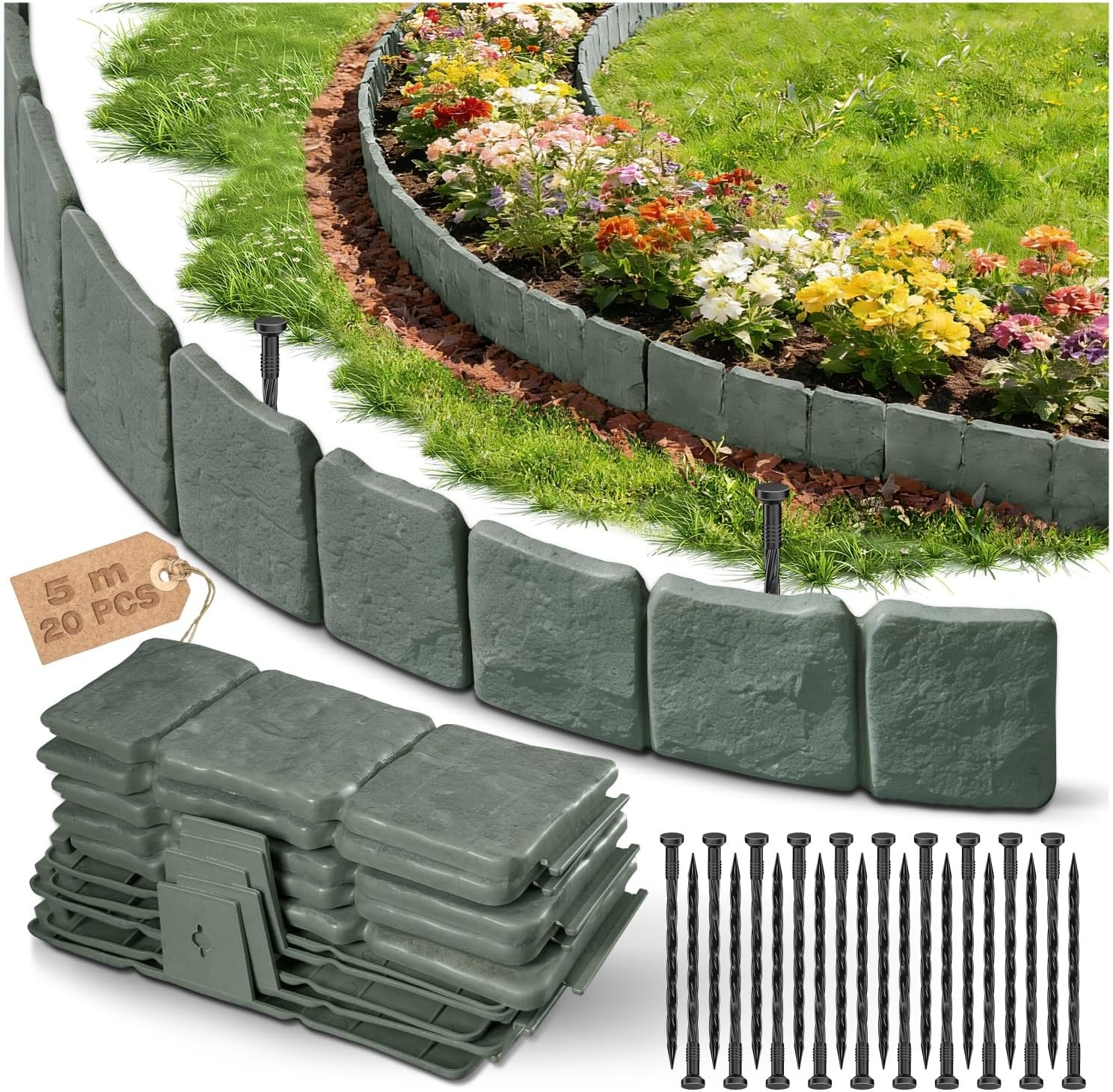 Valla Jardin Exterior, Borduras Jardin Exterior, Vaya Jardin Exterior, Cerca Cercado Jardin Exterior, Vallado Jardins Exteriors Plastico, Engrosado Imitación de Bordillos – 5 m (Altura:10 cm)