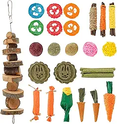 28 peças de brinquedos para mastigar coelho, madeira natural segura, conjunto de mastigar hamster, palitos de feno timothy cenouras brinquedo de mastigar madeira para coelhos, chinchila