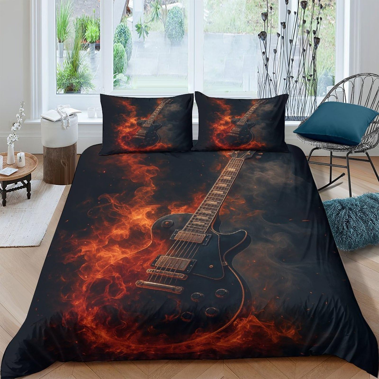 Ctjqhvkz Style-3 3D Printed Burning Guitar Fitted Sheet Microfiber Soft Black Orange Flame Bed Cover For Bedroom Dorm Mattress Protection Single（135X200cm）