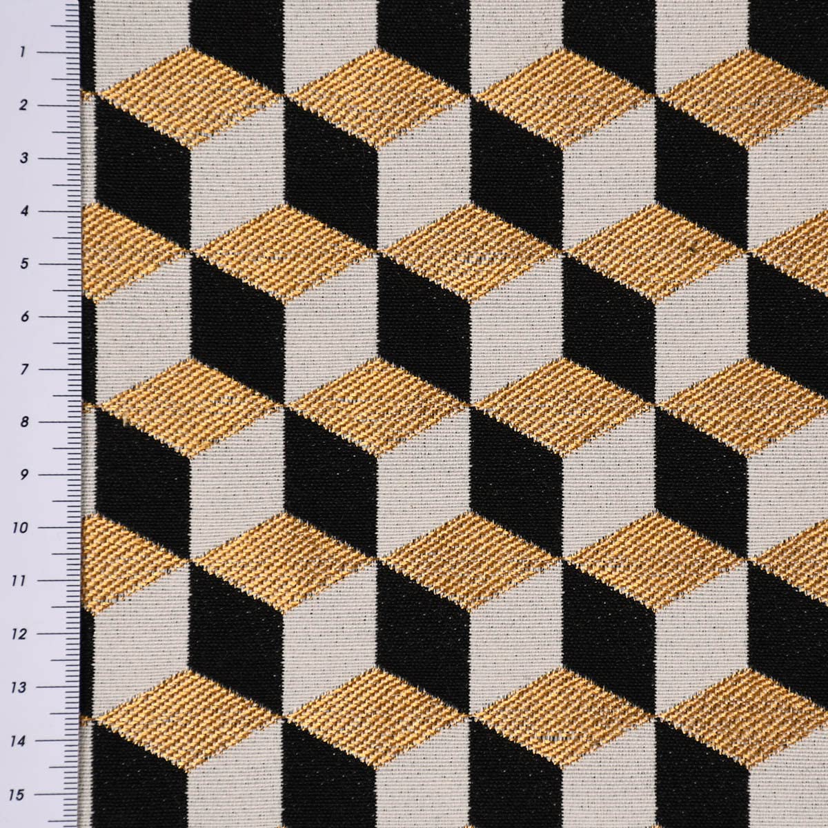 SCHÖNER LEBEN. Tela decorativa Jacquard Metálica Cube Geometric Luxury 3D Cubo Negro Oro Crudo 1,4m Ancho