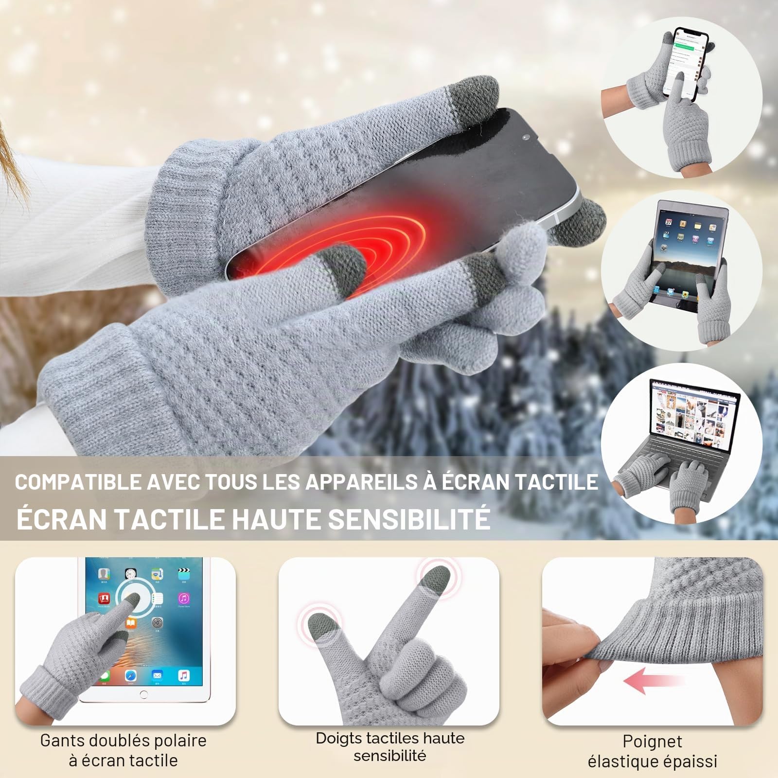 Packs Bonnet Écharpe et Gants Femme 5 en 1 Tricotés Ensemble Hiver Set Doublure Polaire Bonnet Echarpes Gants Tactiles Chaude Cache Oreille Chaussettes Thermiques