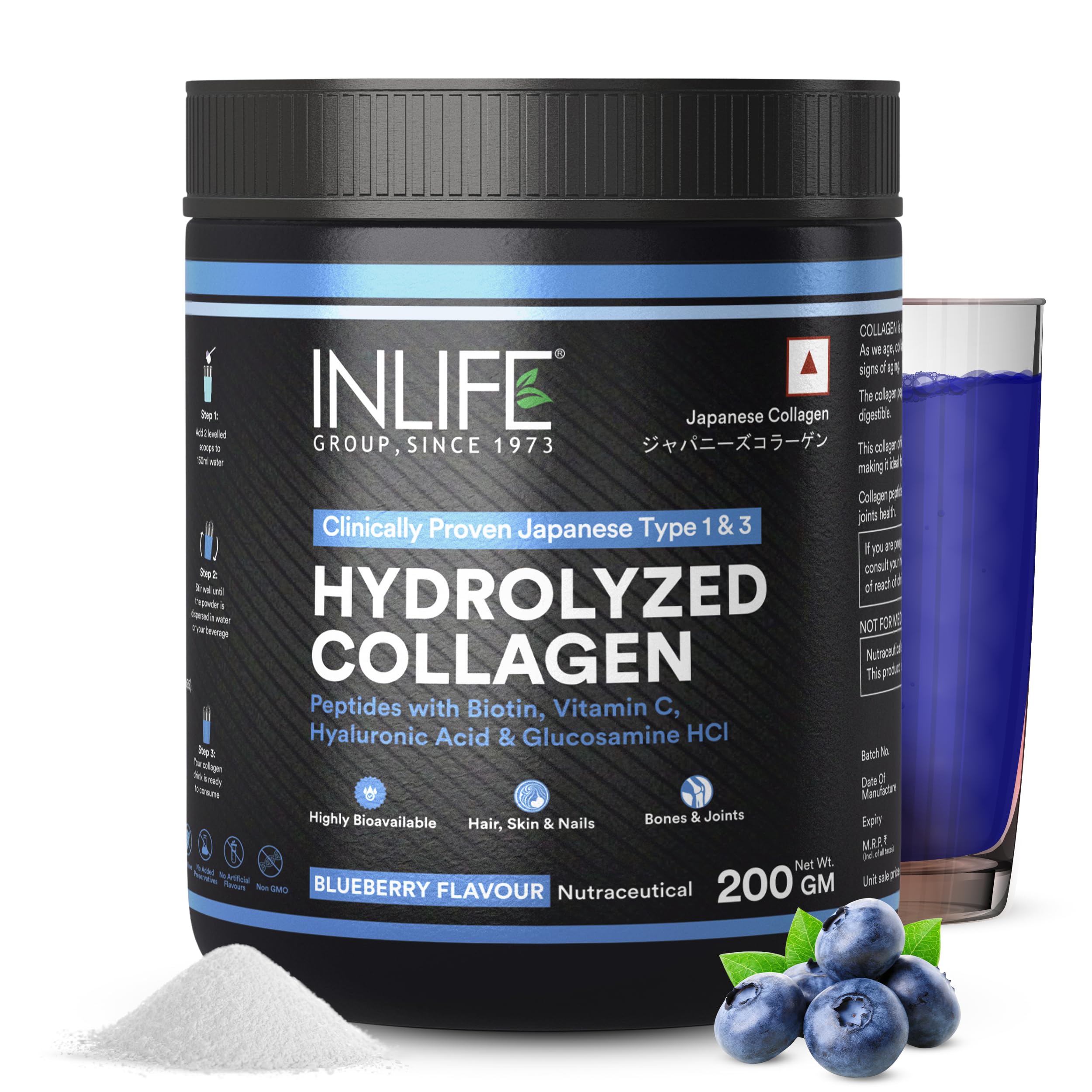 INLIFE Japanese Hydrolyzed Collagen Peptides Powder, Clinically Studied Type 1 & 3, Blueberry 200g for Skin Hair & Joint Health
