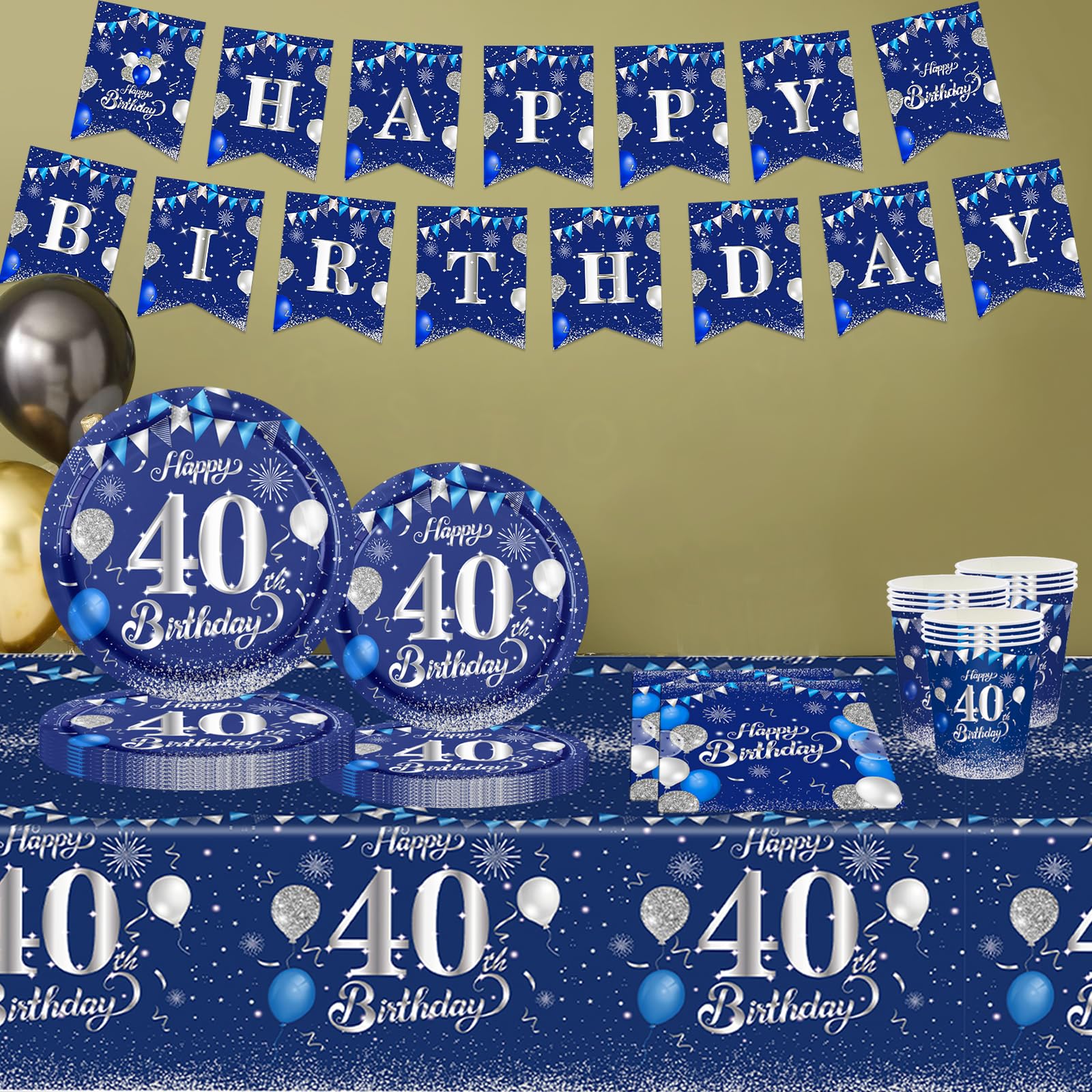 Marineblau Partygeschirr 40. Geburtstag 70 teiliges Set. Pappteller, Pappbecher, Servietten, Papierbanner, 40 Jahre Party für Herren und Damen Geburtstag Tischdeko