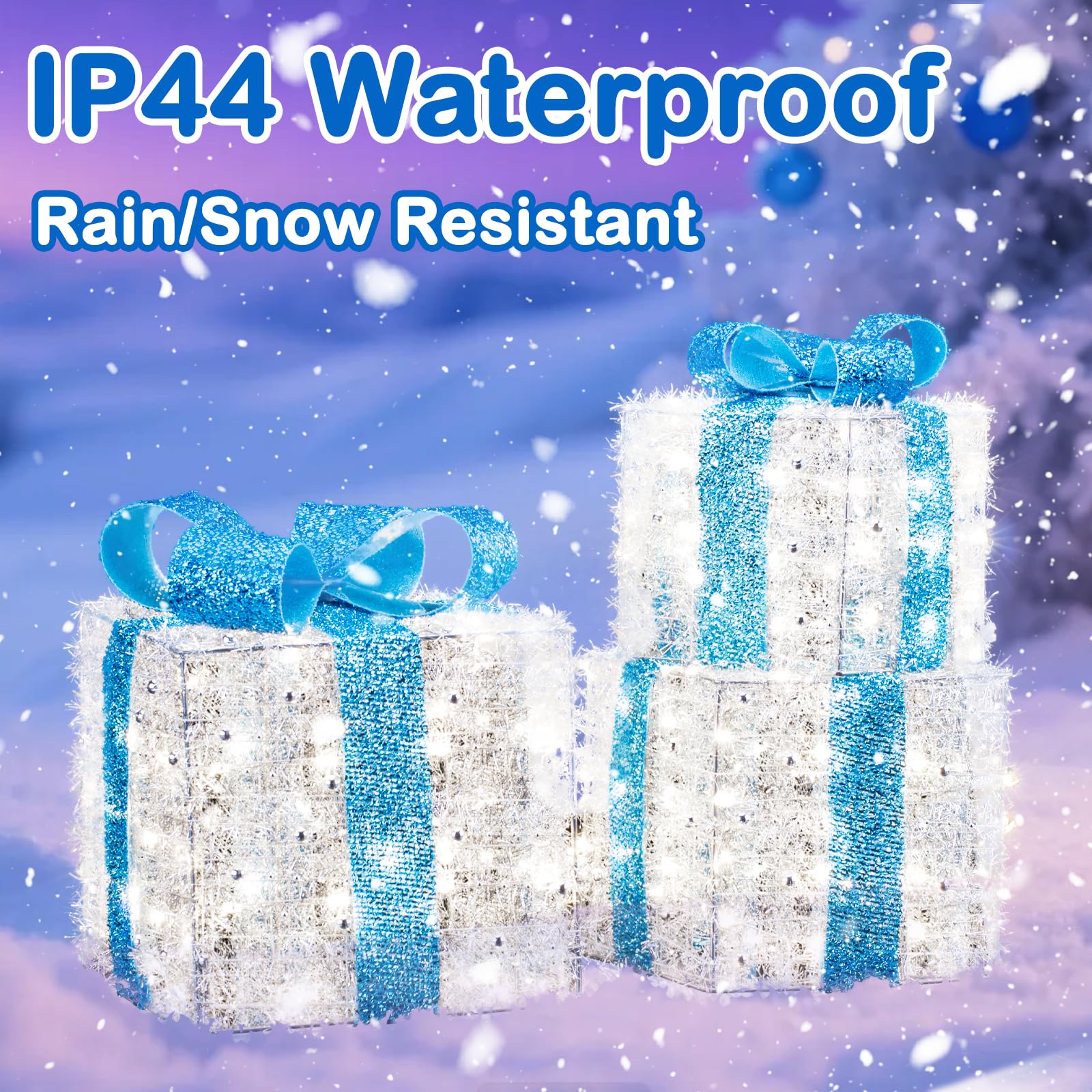 Christmas Decorations, 140 LEDs Set of 3 Lighted Gift Boxes with Silver Tinsel and Bows, Warm White Present Boxes for Indoor Outdoor Holiday Party Yard Bedroom Home Xmas Decor: Blue