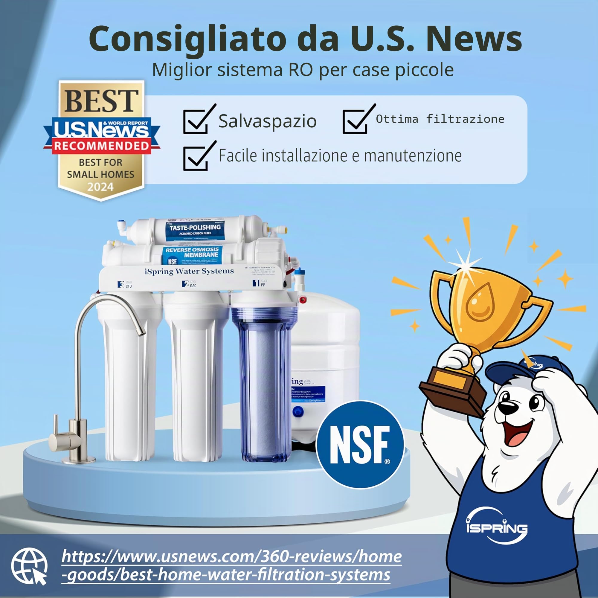 iSpring RCC7 5 Stadi Sotto Lavello Sistema di Filtrazione dell'acqua ad Osmosi Inversa, Certificato NSF, 75 GPD ad Alta Capacità, Rubinetto in Nichel Lucido