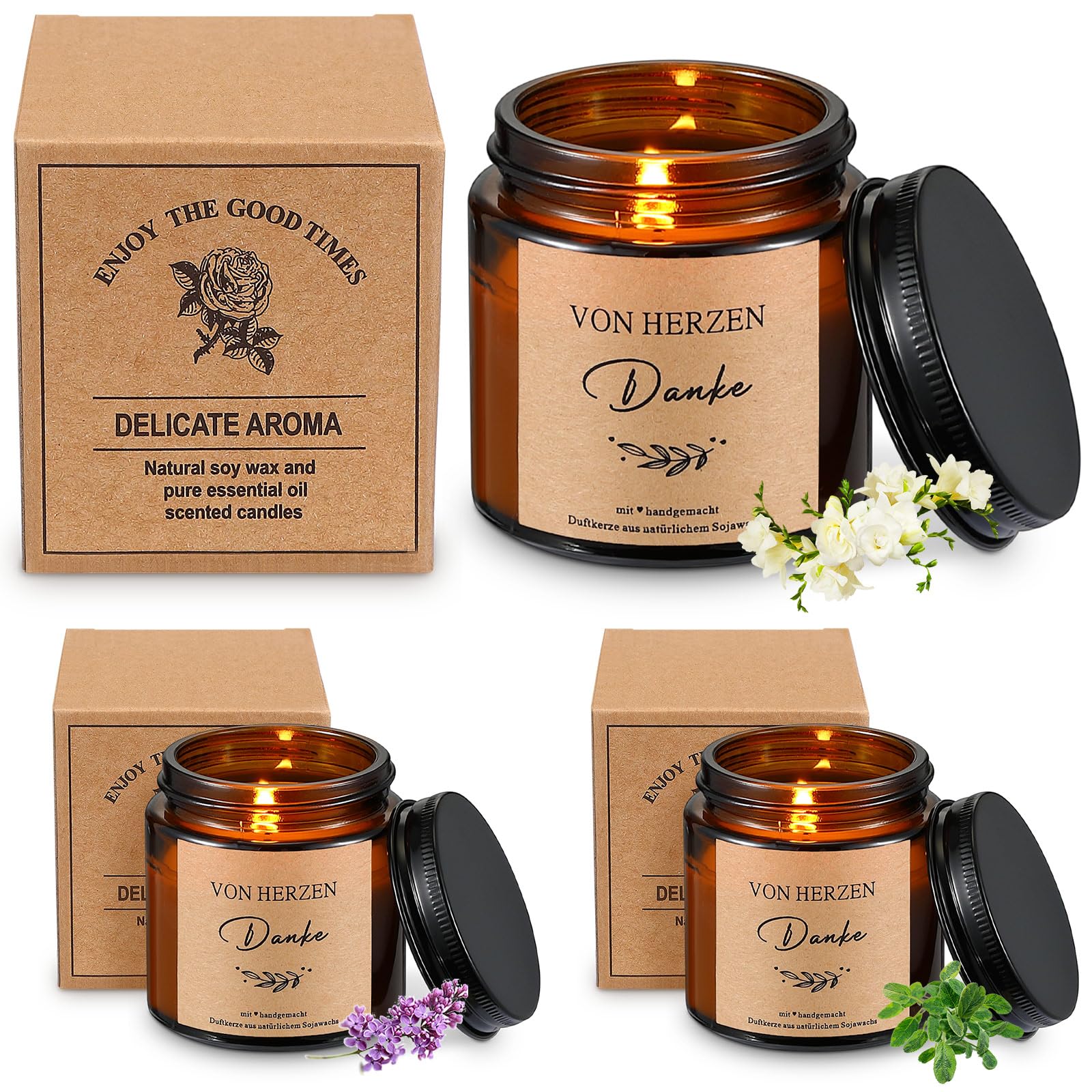 BBTO 3 Velas Aromáticas de Lavanda en Frasco Velas Perfumadas de Cera de Soja Regalo de Agradecimiento para Mujeres Cumpleaños Amiga Mamá Abuela Colega(Von Herzen Danke)