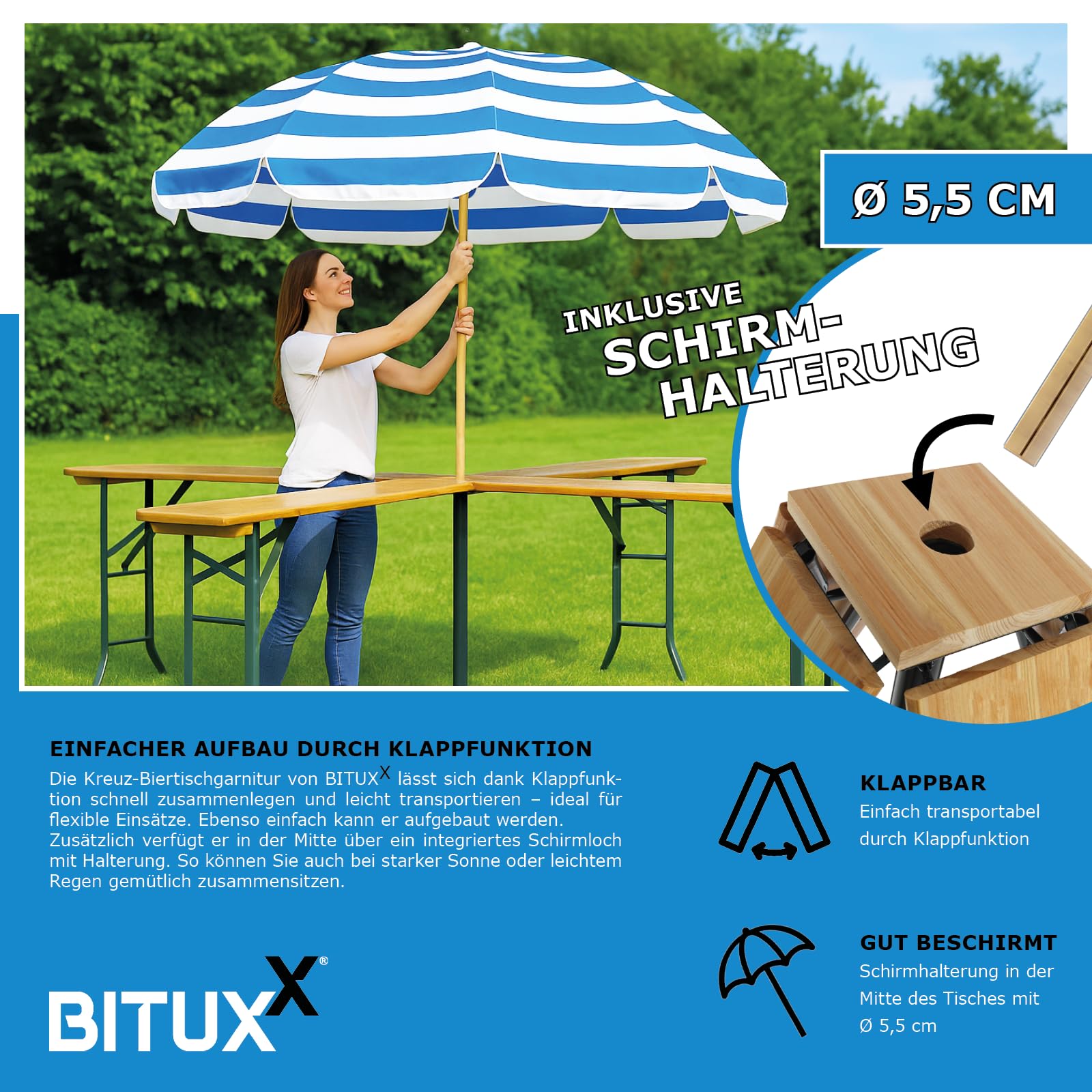 BITUXX Bierzeltgarnitur Festzeltgarnitur Biertisch Kreuztisch Stehtisch Quattro klappbar Kreuzform 241cm mit Schirmständer
