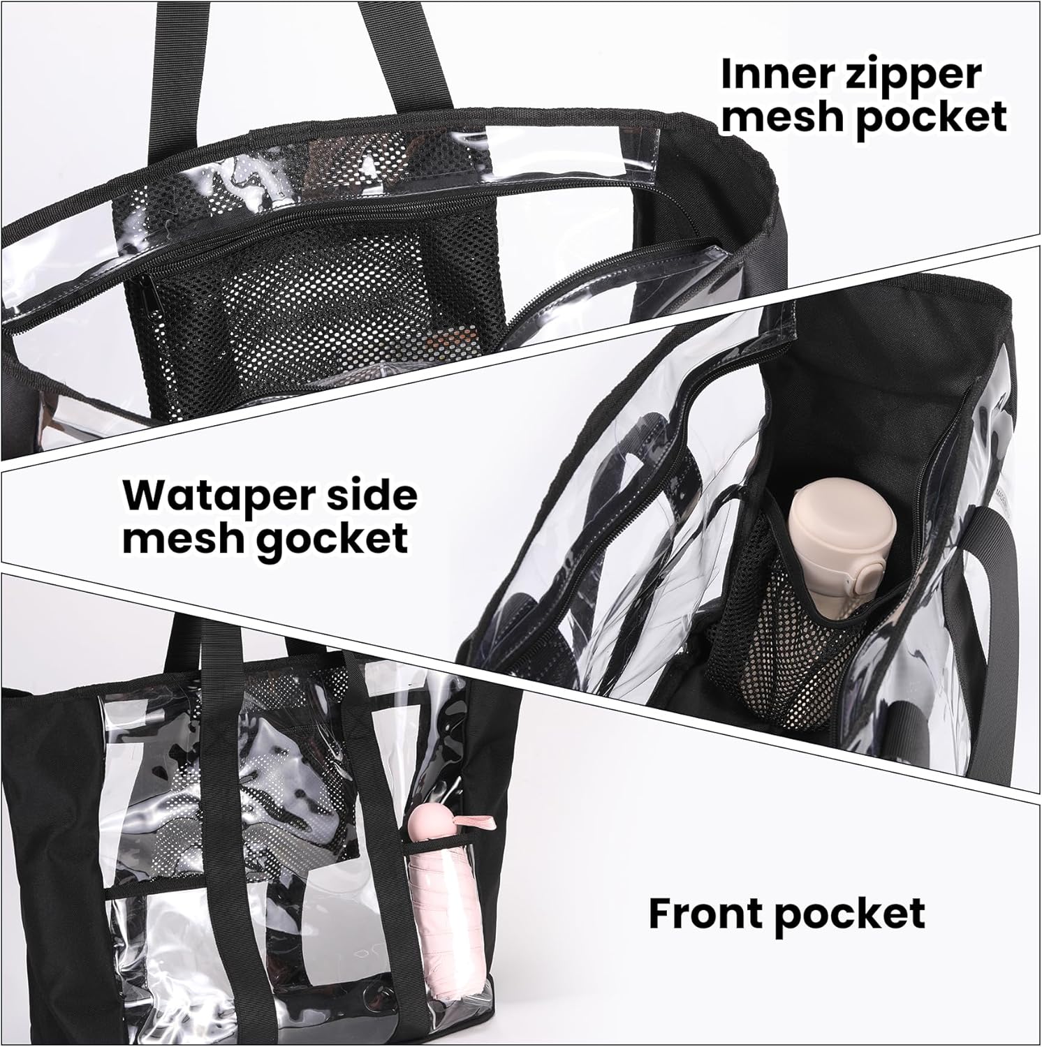 Large Clear Bag Tote for Work Concerts Stadium approved Heavy duty Transparent See Through Purse with mesh pockets - Image 5