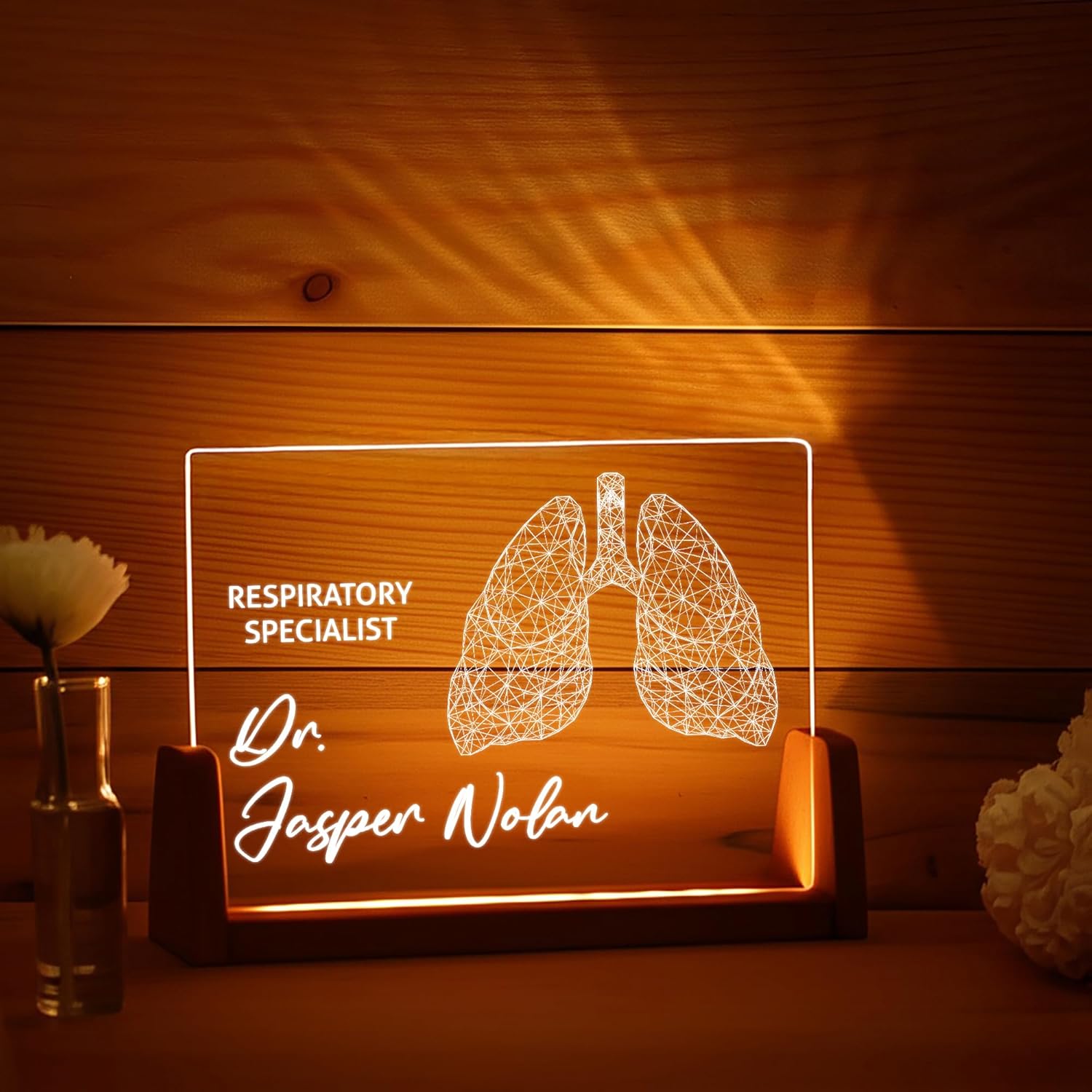 Personalized Acrylic LED Desk Name Plate for Pulmonologist – Custom Lung Design Doctor Office Sign, Funny Employee Gift and Personalized Christmas Gift for Respiratory Specialists