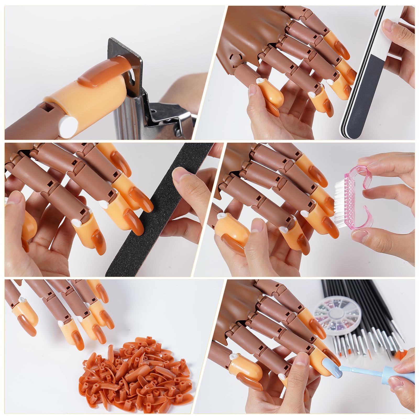 Deciniee Übungshand für Nageldesign - Flexible Nagelübungshand mit 100 Stück Nagelspitzen/15 Nagel Pinsel/Nagelfeile/Strasssteine Nägel - Nagelhandübungsmodell- Acryl Nagel-Set für Nagelmaniküre